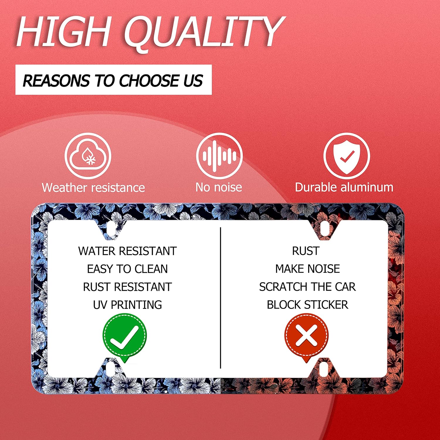 【2Pcs】 Blue Vintage Hibiscus Flower License Plate Frame Stainless Steel Car Hawaii Floral License Plate Accessory Personalize Decor 12.3" X 6.3" with 8 Holes Screw for Men Women