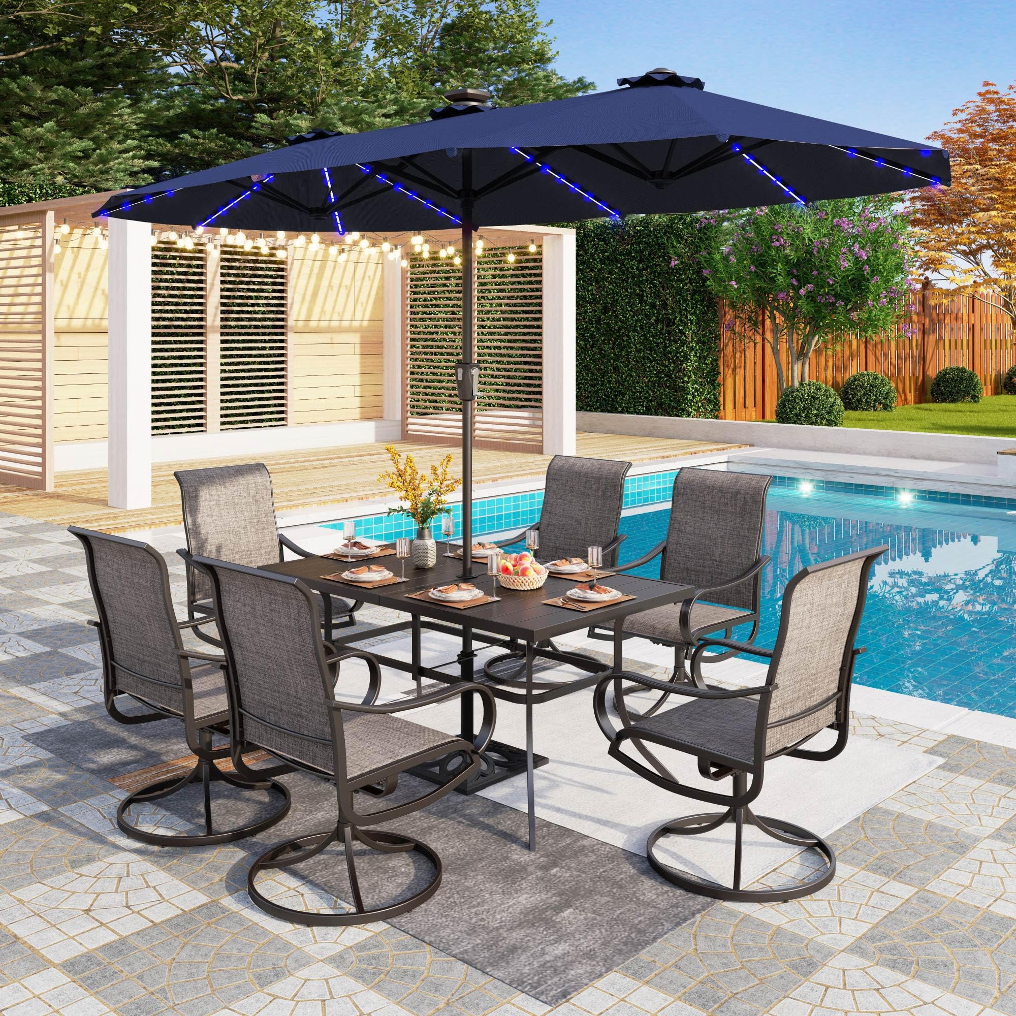 PHI VILLA Parasol de Jardin Extérieur,2x3,8m Parasol Double Face Rectangulaire avec LED Lampe et Manivelle,Protection Solaire pour Terrasse, Résistant à l'Eau,Anti au vent