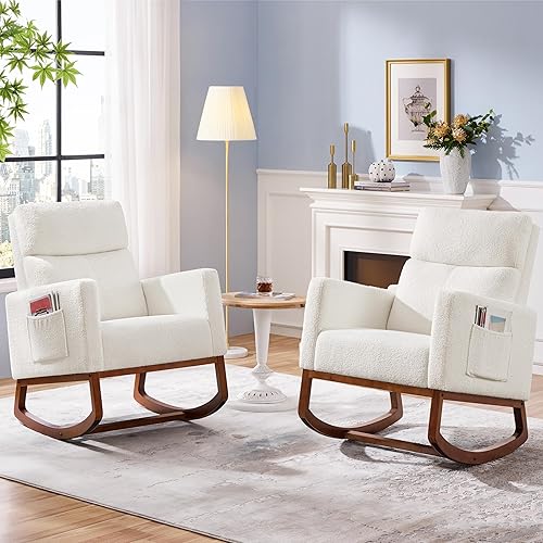 Miniatura 2 de Yaheetech Boucle - Silla de sala de estar, moderna silla mecedora tapizada, silla de guardería con bolsillo lateral y sillón de respaldo alto para