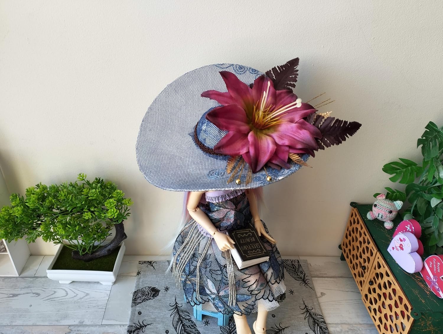 Elegant Doll hat Floral Bloom 5.7 inch 14.5 cm. Head Miniature Wide Brim hat