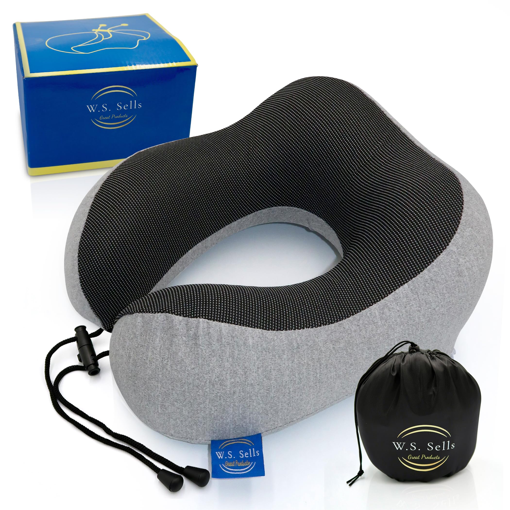 W.S. Vende almohadas de cuello de viaje para aviones, espuma viscoelástica pura con diseño ergonómico y tela transpirable, almohadas de viaje para aviones y automóviles, juego de artículos esenciales