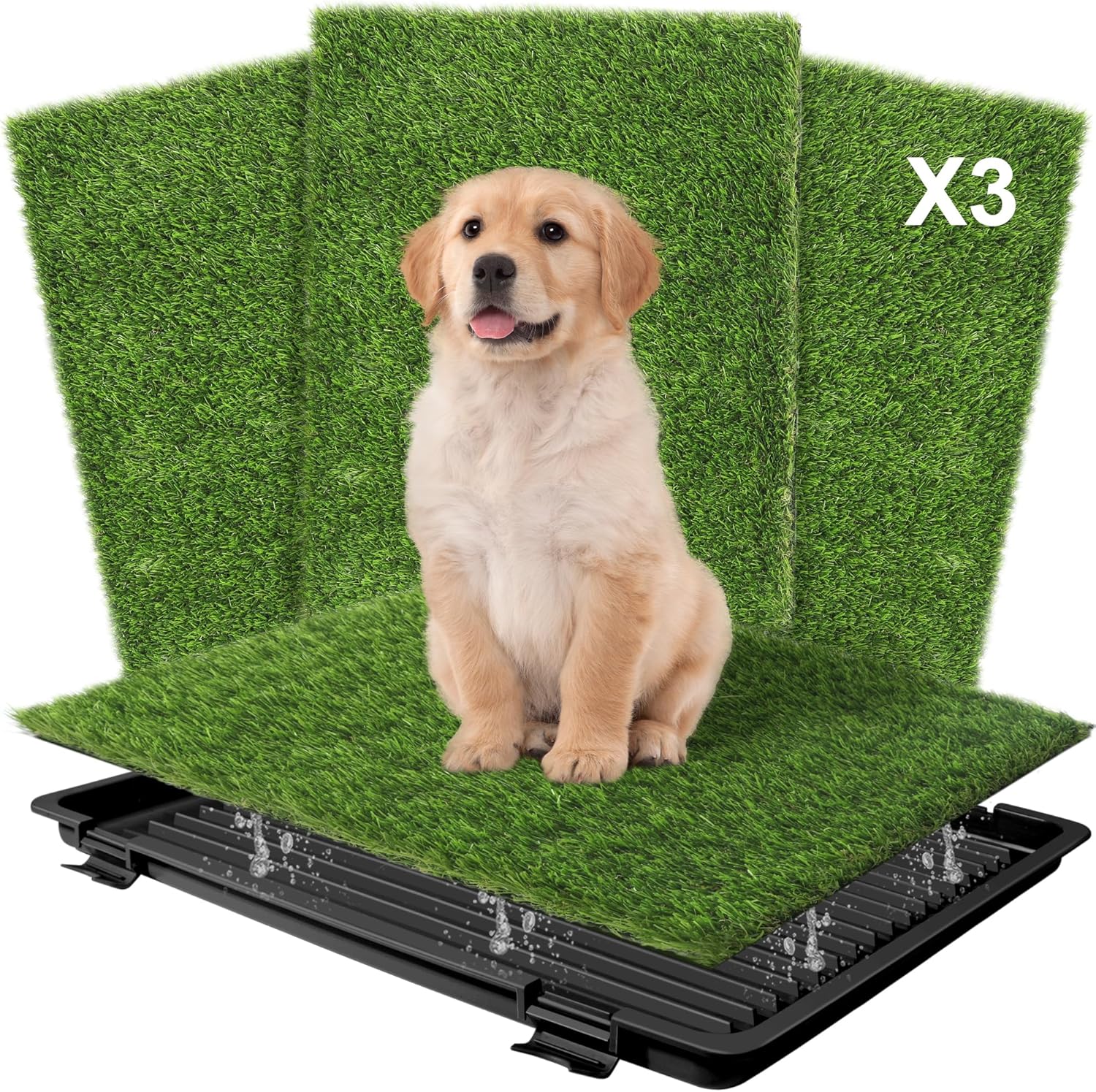 Dog Grass Pad with Tray: Reusable Training Pad with 3-Pack Replaceable Artificial Grass - Quick Absorbent Indoor Portable Dog Patio Potty, Washable Pee Pad For Small Medium To Large Dog, 22"x18" Black Black Tray