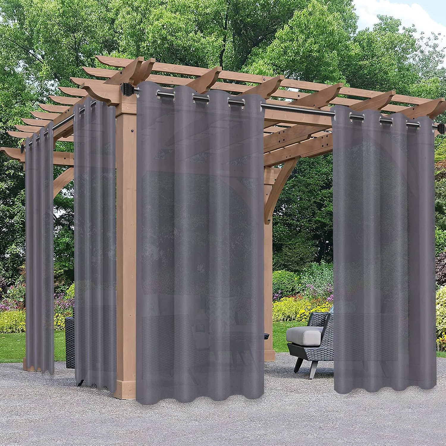 PureFit Sheer Outdoor Curtains for Patio Waterproof/Weatherproof, Fade Resistant Outside Voile Curtains for Gazebo, Front Porch, Pergola, Sun Filtering Privacy Curtain, 100 x 95 inch, Set of 2, Grey