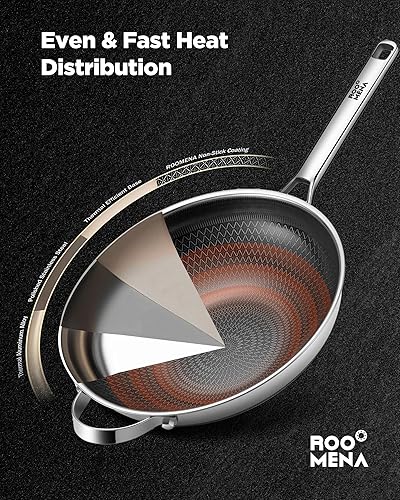 Miniatura 6 de Sartén wok con tapa, cerámica híbrida de 13 pulgadas, woks y sartenes para saltear de acero inoxidable de tres capas, antiadherente, no tóxico,