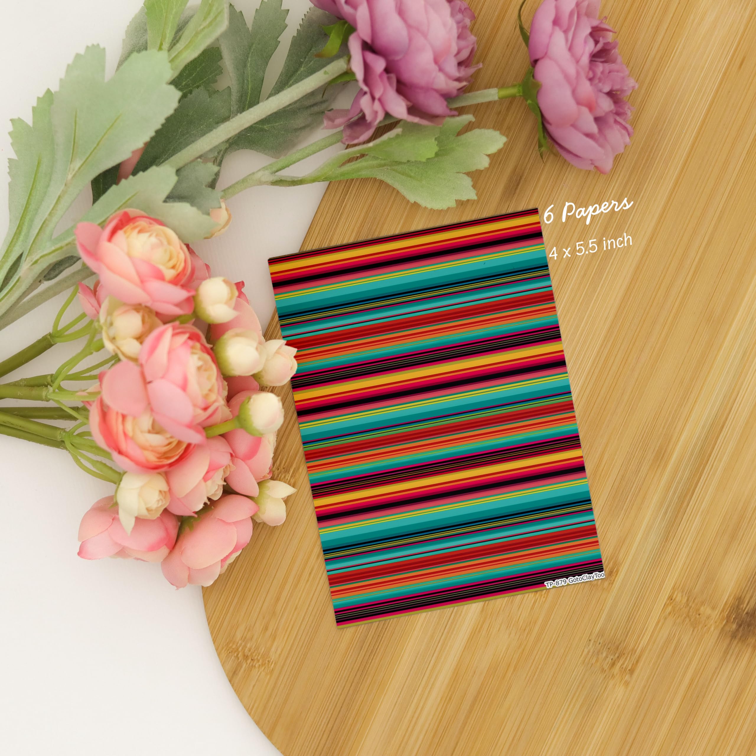 GOTO CLAY TOOLS Clay Transfer Paper, Colorful Mexican Stripes Water Soluble Transfer Sheet for Polymer Clay, Bright Colors Even After Baking, No Cracking, 4 x 5.5 inches, 6 Pcs | TPUS-879