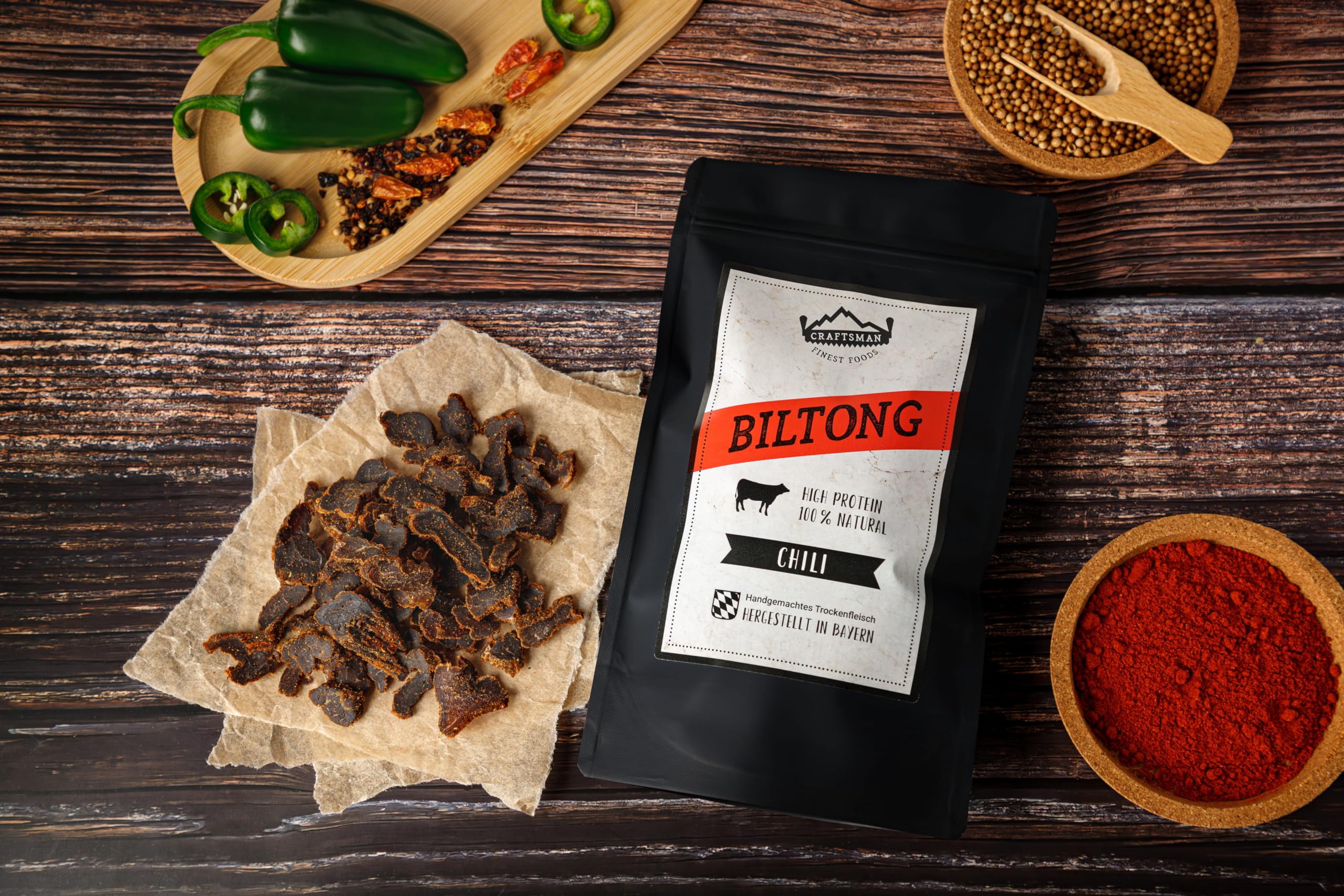 Craftsman Biltong Trockenfleisch Probierpack | Beef Jerky Mix Set aus Deutschland - Bayern | Ohne Zucker | 100% Rindfleisch | Rezept aus Namibia Afrika (5 x 50g (250g))