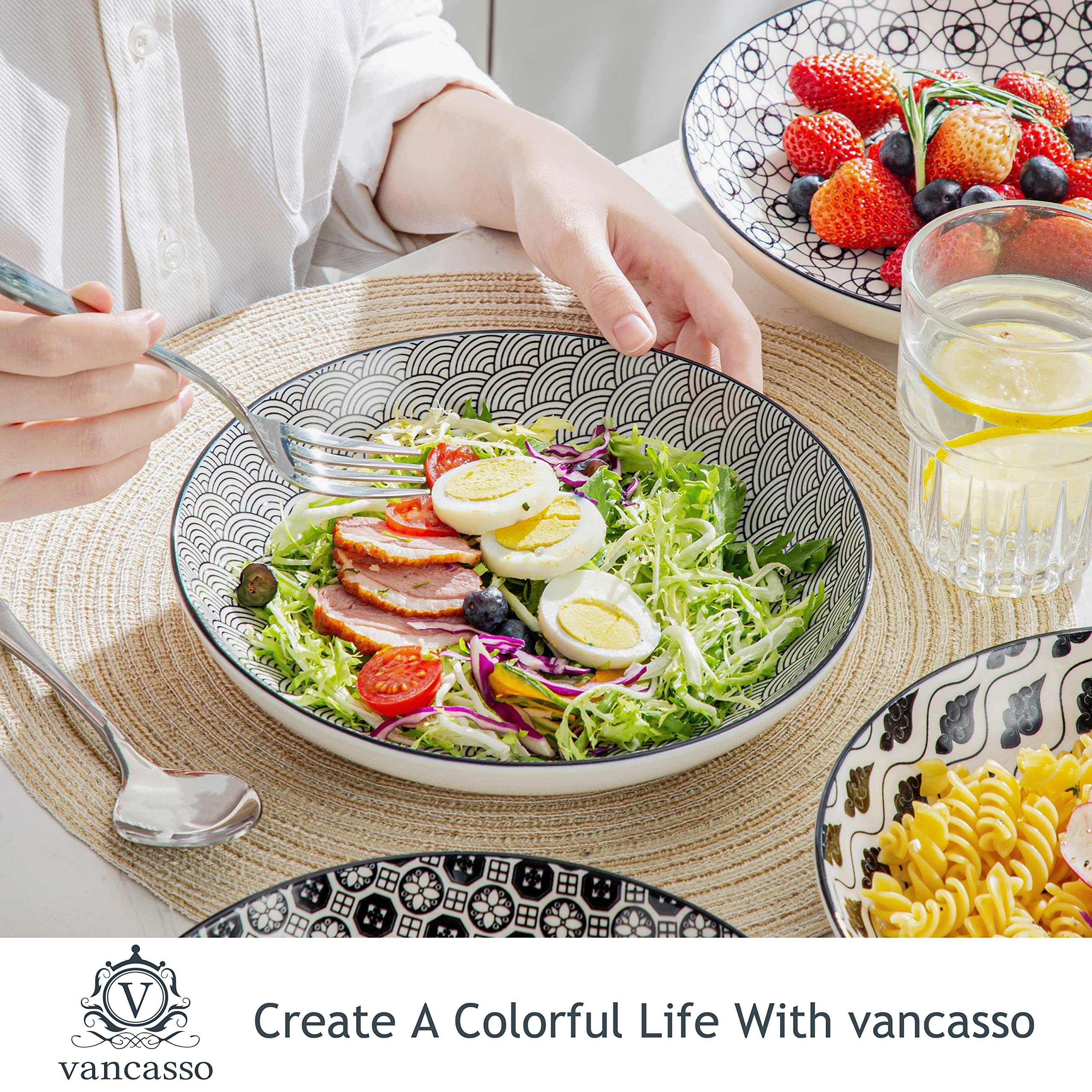 vancasso Serie HARUKA Platos llanos, Platos para pasta, Espagueti, Platos de porcelana para 4 personas, Desayuno estilo japonés/Poke Bowl