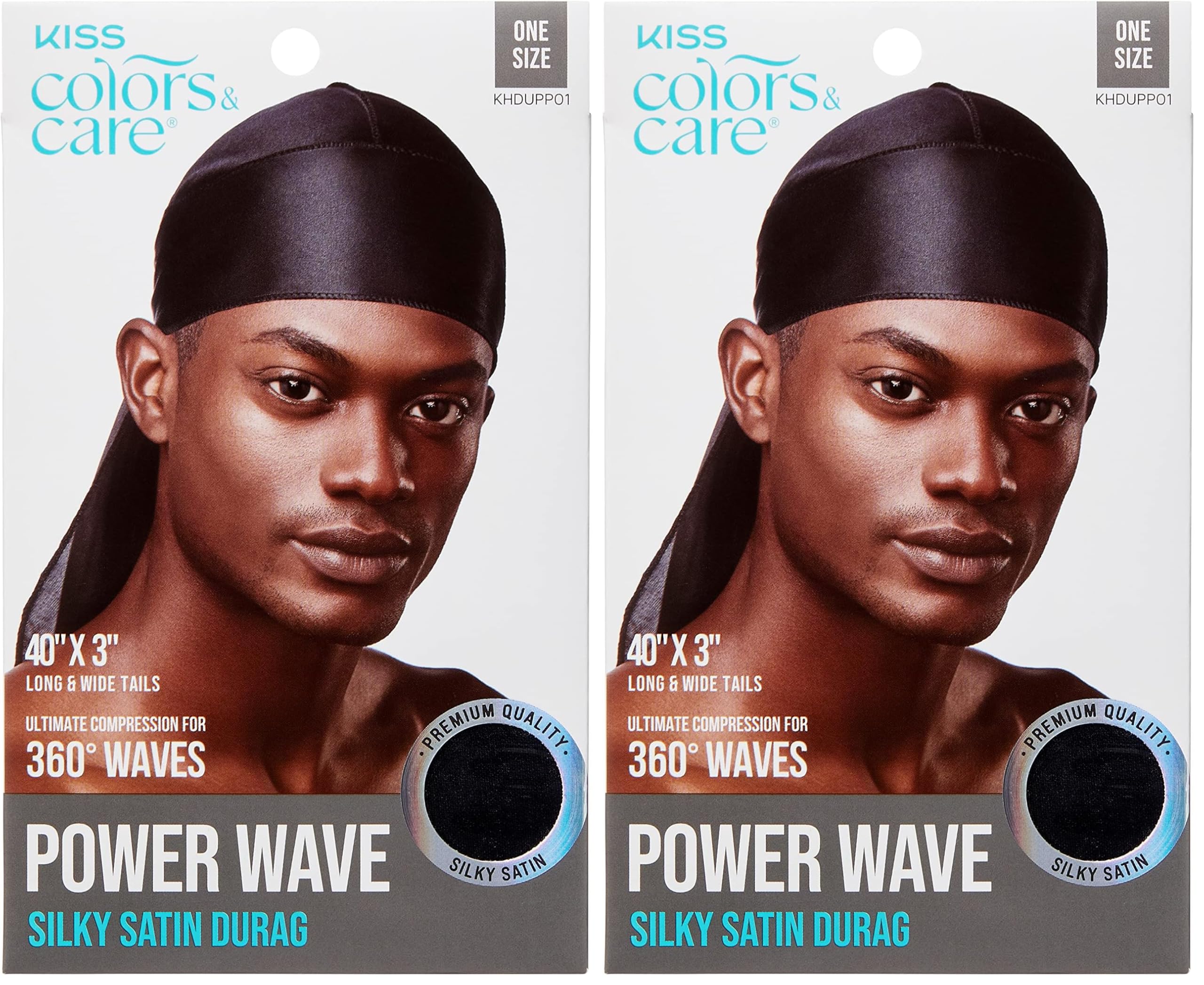 KISS COLORS & CARE Power Wave Silky Satin Durag - Black, Maximum Wave formation, Ultra-Compression, Breathable Premium Fabric, One Size Fits All, Durable & Versatile For All Hair Types (Pack of 2)
