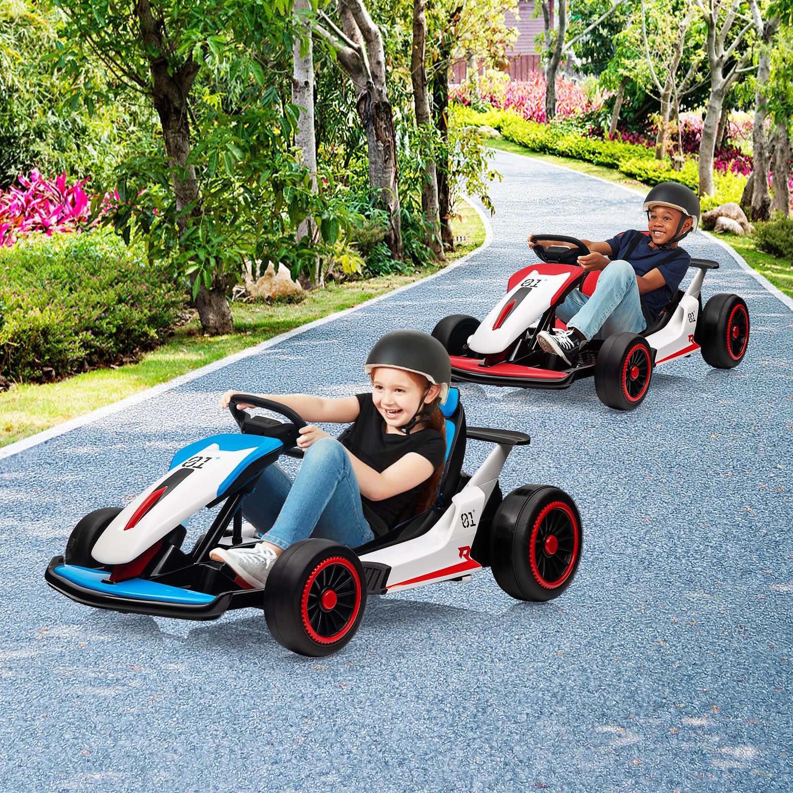 24V Electric Go Kart for Kids, Drift Cart with 2x200W Powerful Motors, 7AH Battery, Max 8MPH Drift Kart, Safety Belt, Slow Start, Music, High-Speed Crazy Cart Ride on for Kids Ages 6-12 - Blue — view 7