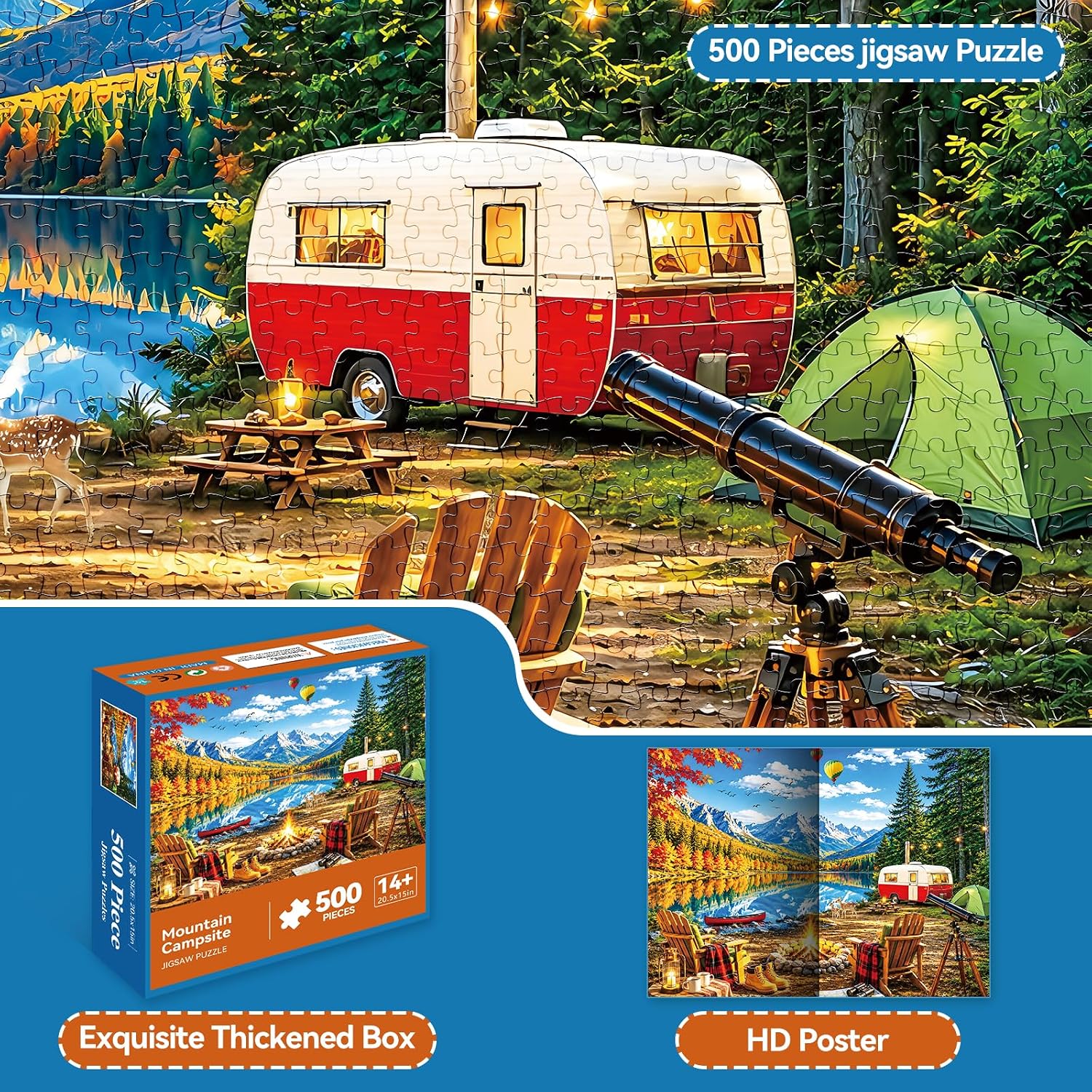 500 Piece Jigsaw Puzzle for Adults, Autumn Camping Mountain Lake RV Scene image 4