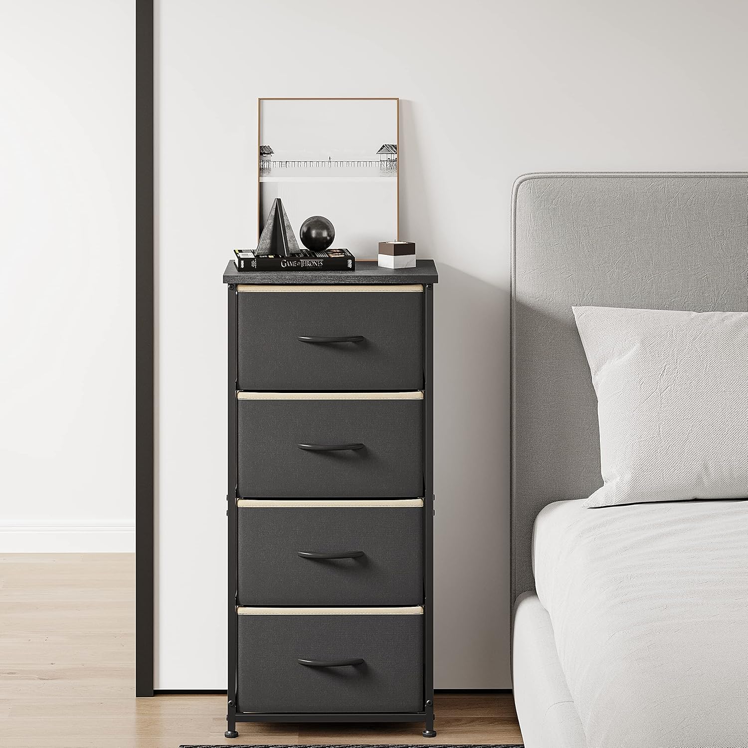 FEZIBO 4 Drawer Fabric Dresser Storage Tower, Organizer Unit for Bedroom, Closet, Entryway, Hallway, Nursery Room -Steel Frame, Wood Top, Easy Pull Handle, Black Grey with White Edge : Everything Else