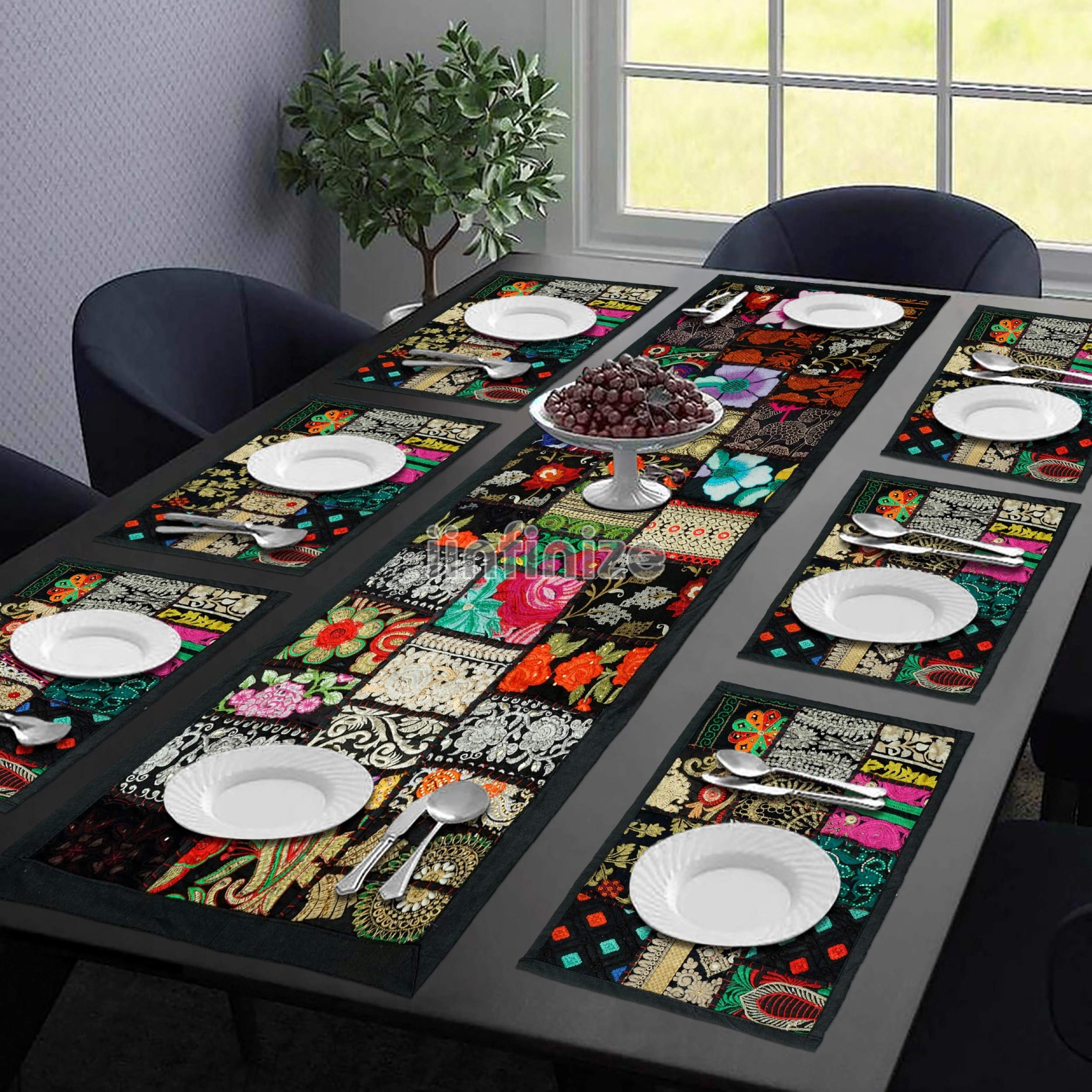 Set de table en coton fait main broderie traditionnelle fleurie rectangle