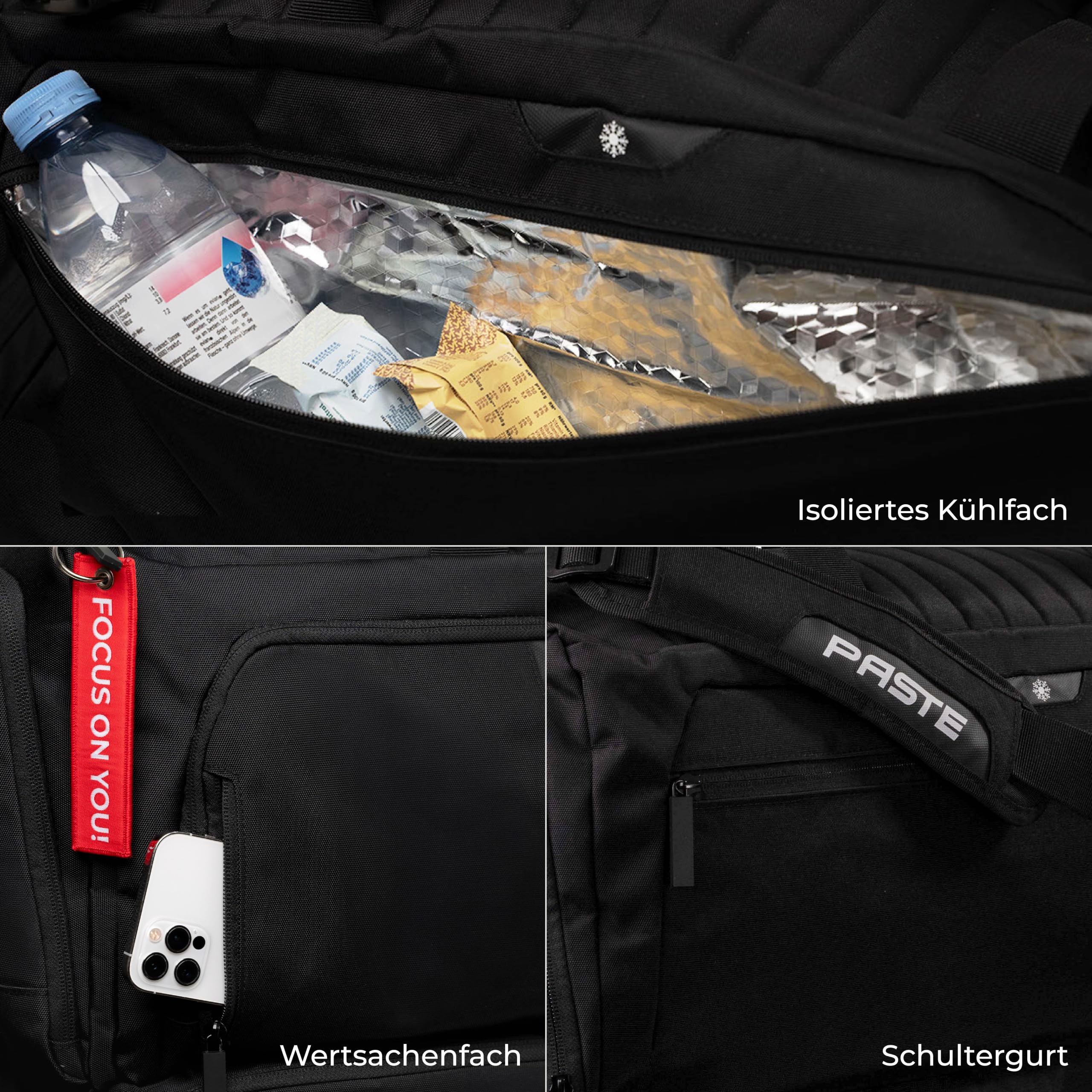 PASTE® - Personalisierte Sporttasche 68L mit Rucksackfunktion, Schuhfach & Nassfach Schwarz - Fußball-Tasche & Trainings-Tasche mit Kühlfunktion Damen & Herren groß - Gym Bag für Sport & Fitness