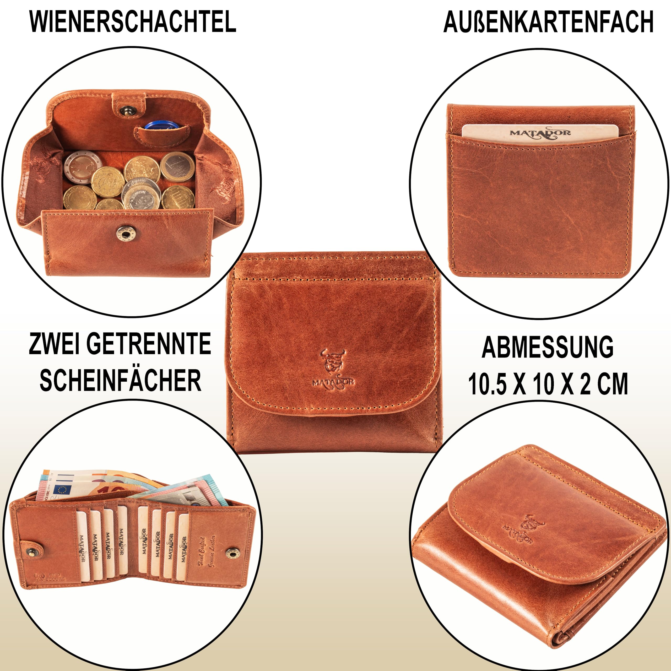 Matador Kleine Wiener Box - Mini Ledergeldbörse für Damen und Herren mit RFID Blocker - mit Geschenkverpackung