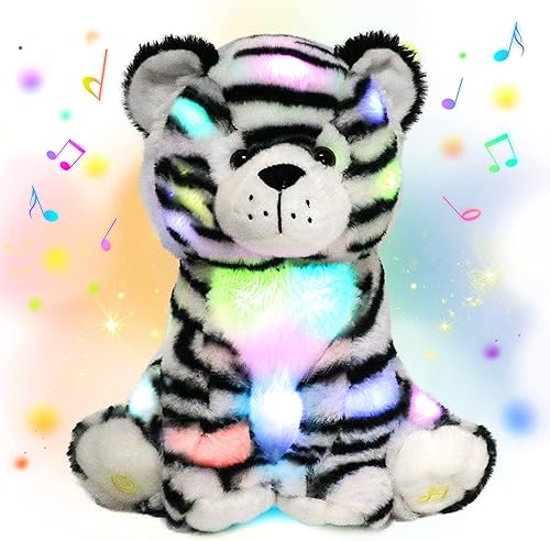 Hopearl Tigre de peluche con luces LED y música, con volumen ajustable, canciones de cuna, animado, da calma, para festival, cumpleaños, niños