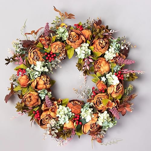 Miniatura 8 de Corona de otoño para puerta delantera, 22 pulgadas, flores artificiales, para otoño, invierno, para puerta delantera, exterior, pared o ventana