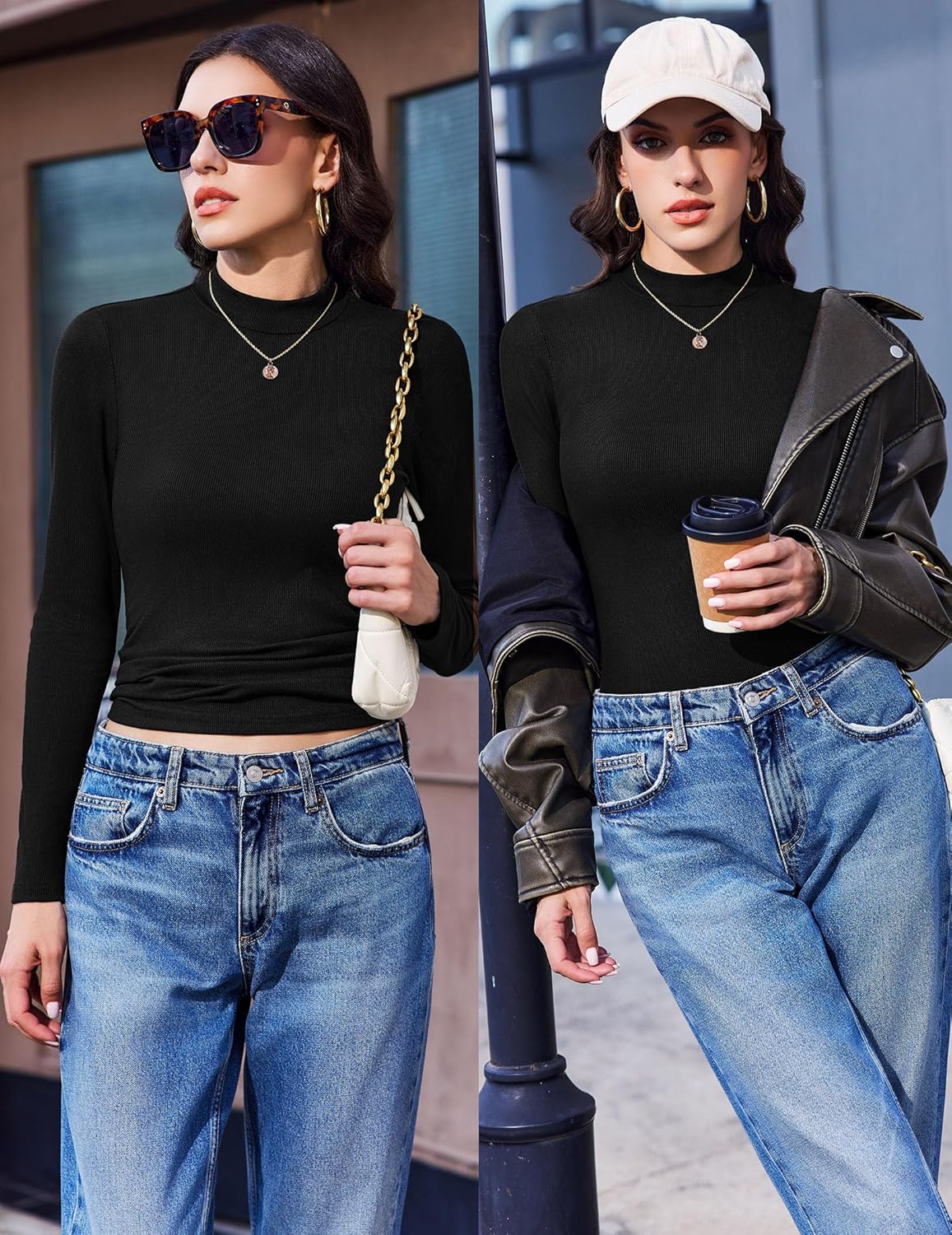 Ekouaer Mock Turtle Necks Tops for Women Long Sleeve Ribbed Shirts Thermal Slim Fit Lightweight Undershirts S-XXL - Image 2