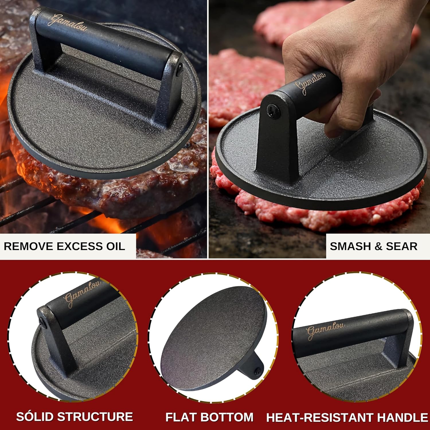 Gamalou® Smash Burger Press Kit: 7" Cast Iron Grill Press, 12" Melting Dome, 3-in-1 Patty Maker, 4.3" Spatula & 4" Scraper, Griddle Accessories for Blackstone, Grills, Flat Top, BBQ, Fry Pan