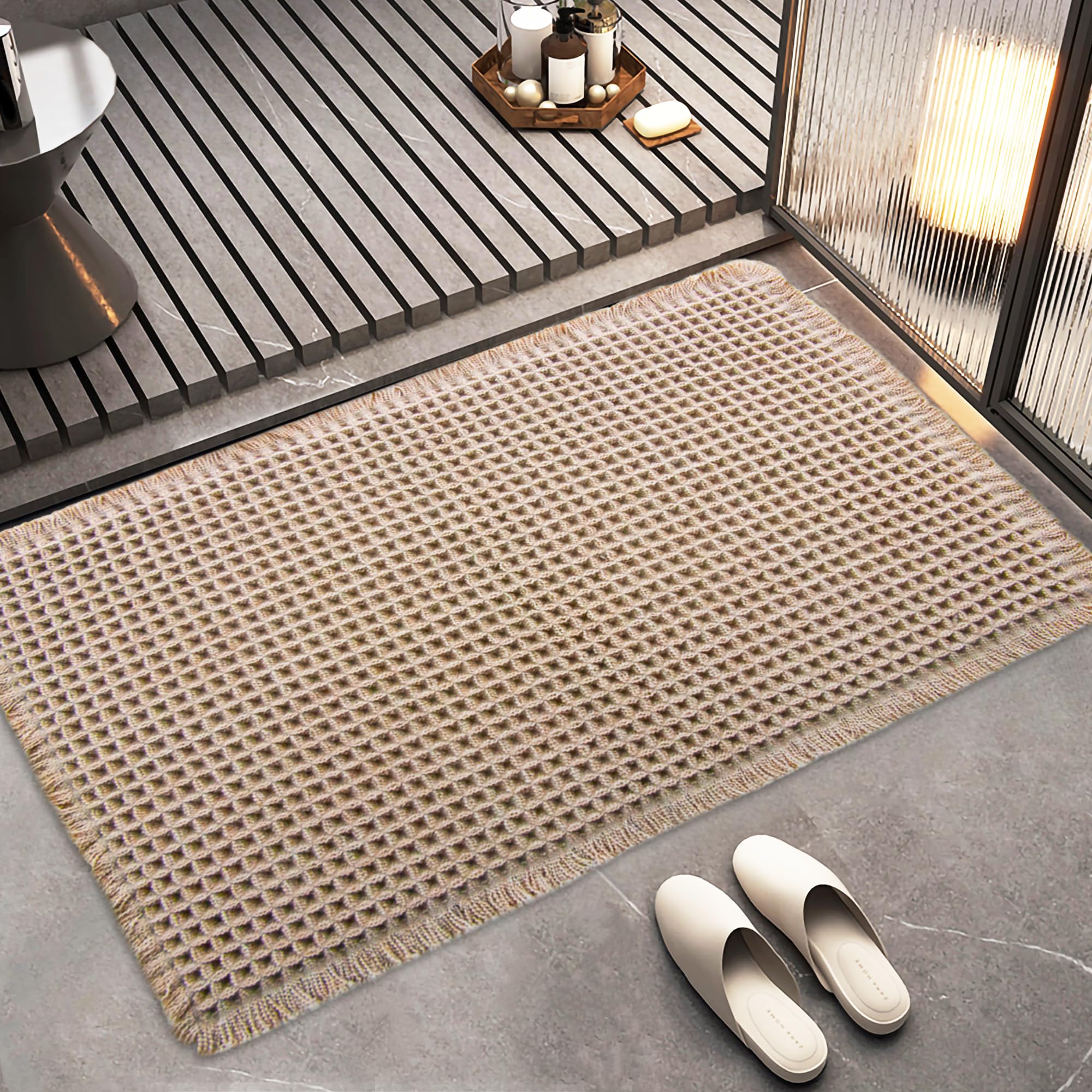 YCTMALL Bathroom Rugs Waffle Bathroom mat Boho Bath mat Super Absorbent Non Slip Bath Rugs, Washable, Ultra Soft Rubber Backed Shower mat, Bath mats