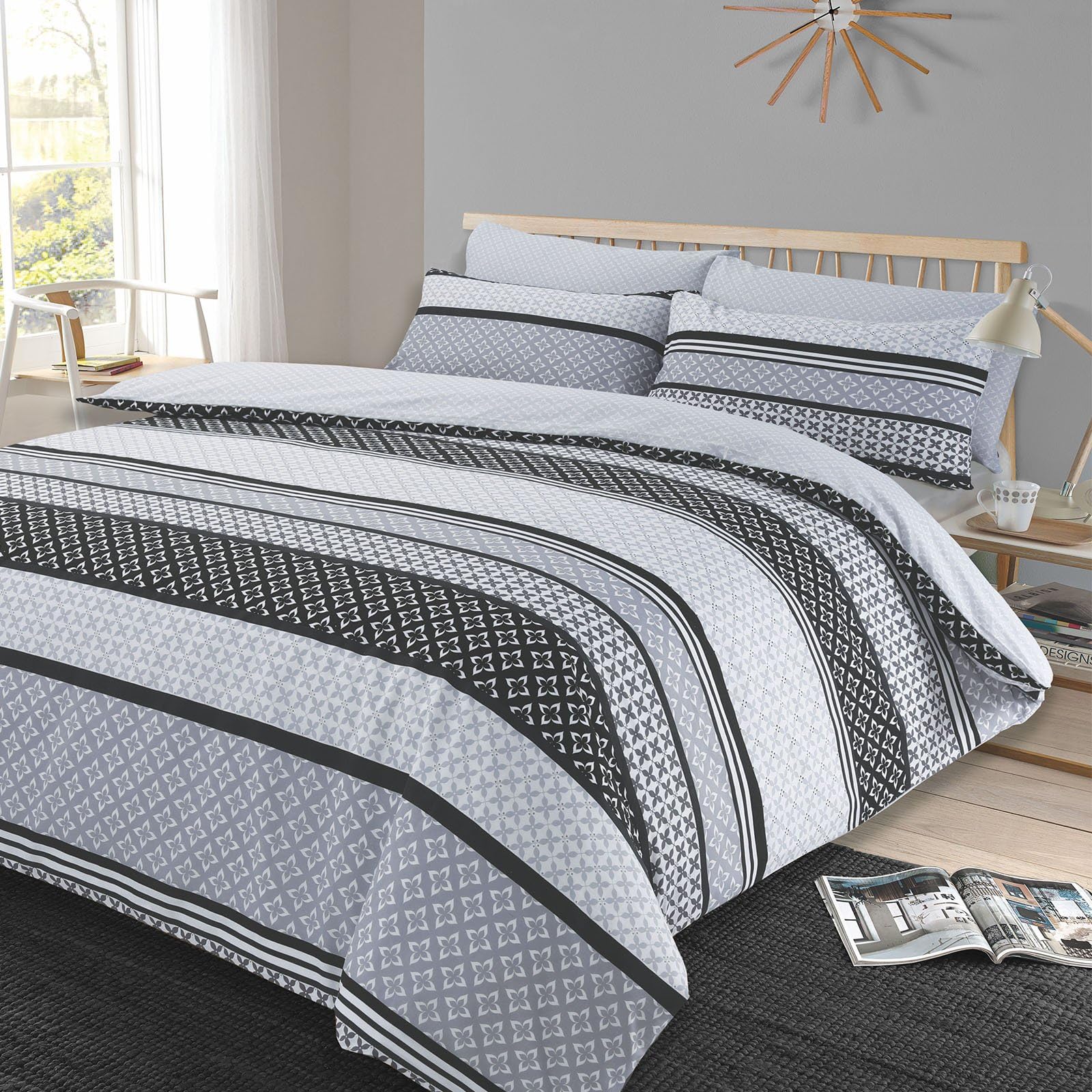 Dreamscene Duvet Cover with Pillowcase Reversible Geometric Bedding Set Lola Black Grey - Single