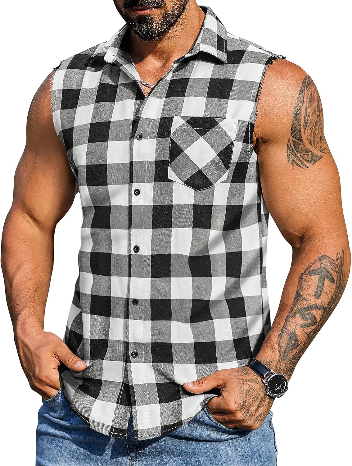 COOFANDY Mens Sleeveless Flannel Shirt Casual Summer Tank Top Button Up Sleeveless Beach Shirts with Chest Pocket