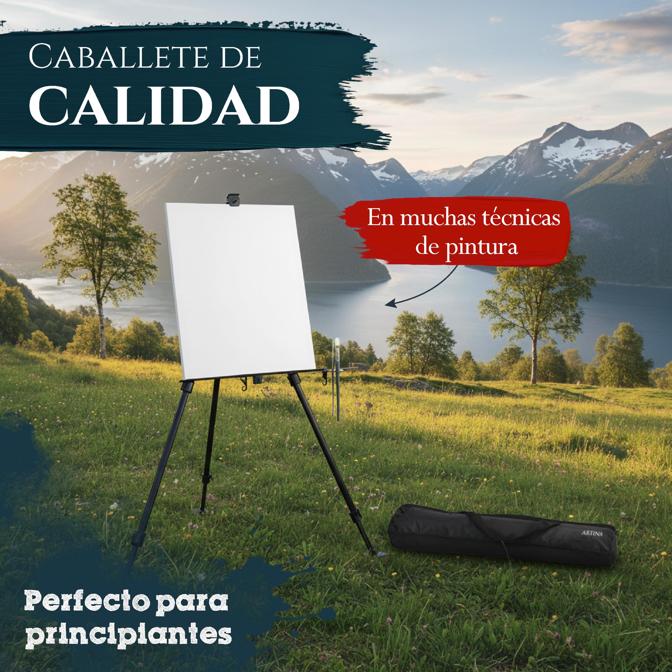 Artina Paris - Caballete de aluminio estable y portátil, para pintura sobre lienzo a 82 cm, caballete de pintura ligera, ajustable en continuo y soporte de cepillo integrado