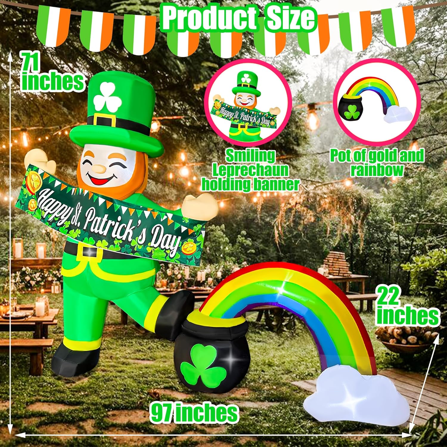 BLOWOUT FUN 8FT St Patricks Day Inflatables Outdoor Decorations Inflatable Leprechaun Step on Pot of Gold Blow up Yard Decor with LED Lights St Patricks Day Decorations Indoor Garden Lawn Home Party