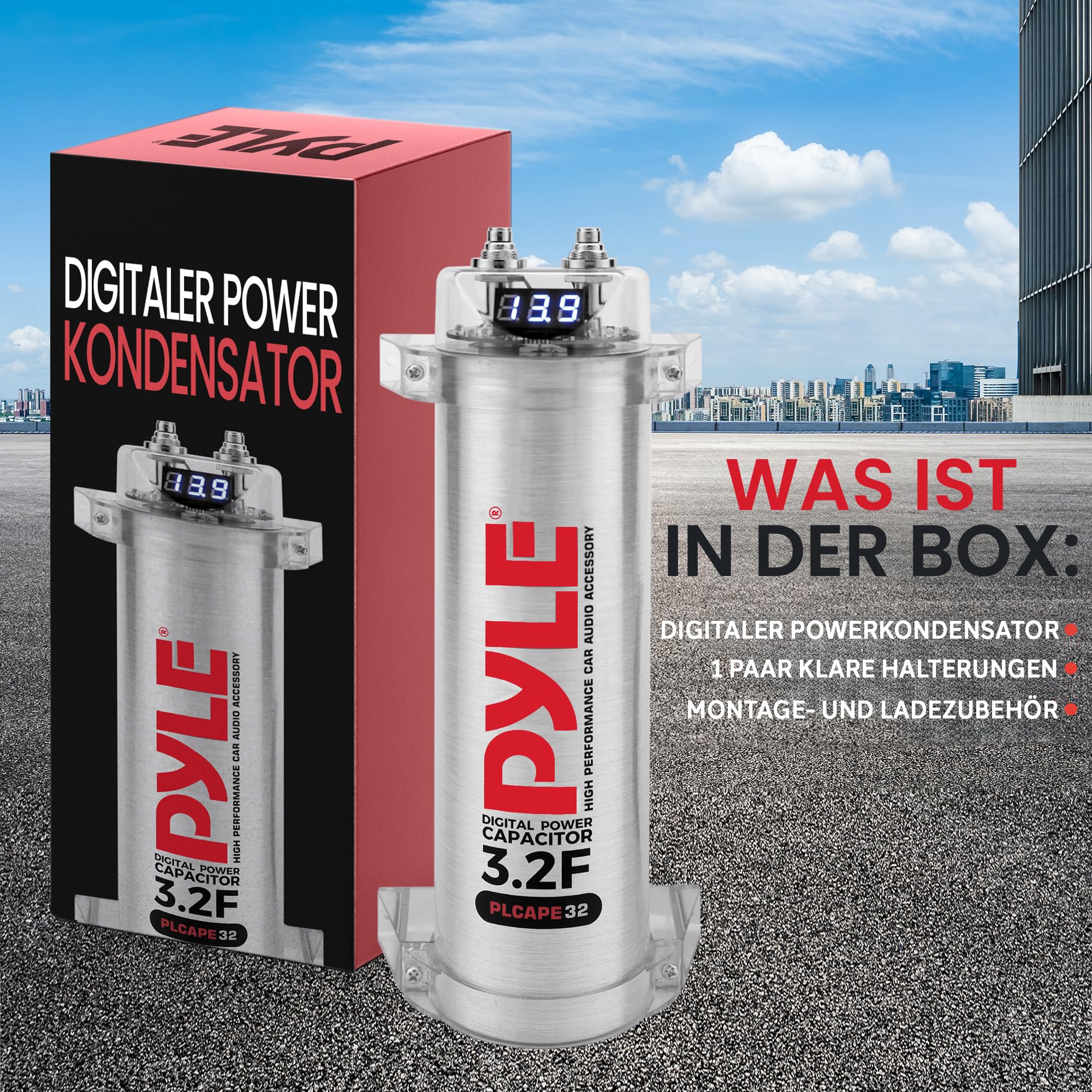 Pyle 3,2 Farad Digitaler Leistungskondensator - Hochleistungszubehör für Auto-Audio mit blauer Digitalanzeige | Spannungsanzeige | Überspannungsschutz | Montagesatz | DC 12-24V