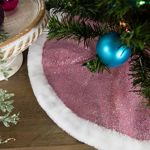 Miniatura 3 de Mini falda de árbol de Navidad con purpurina rosa de 20 pulgadas con ribete de piel blanca