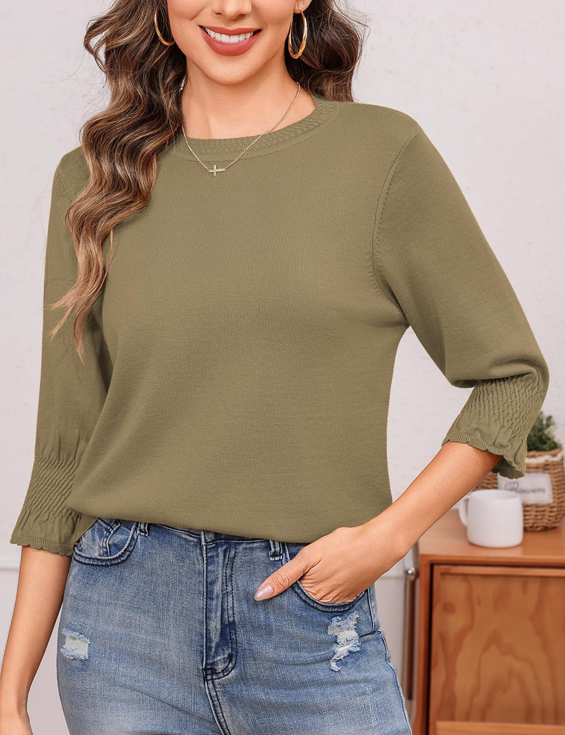 Totatuit Women 3/4 Pleated Sleeve Sweaters Casual Crew Neck Lightweight Knit Sweater Top Loose Basic Business Clothes - Image 2