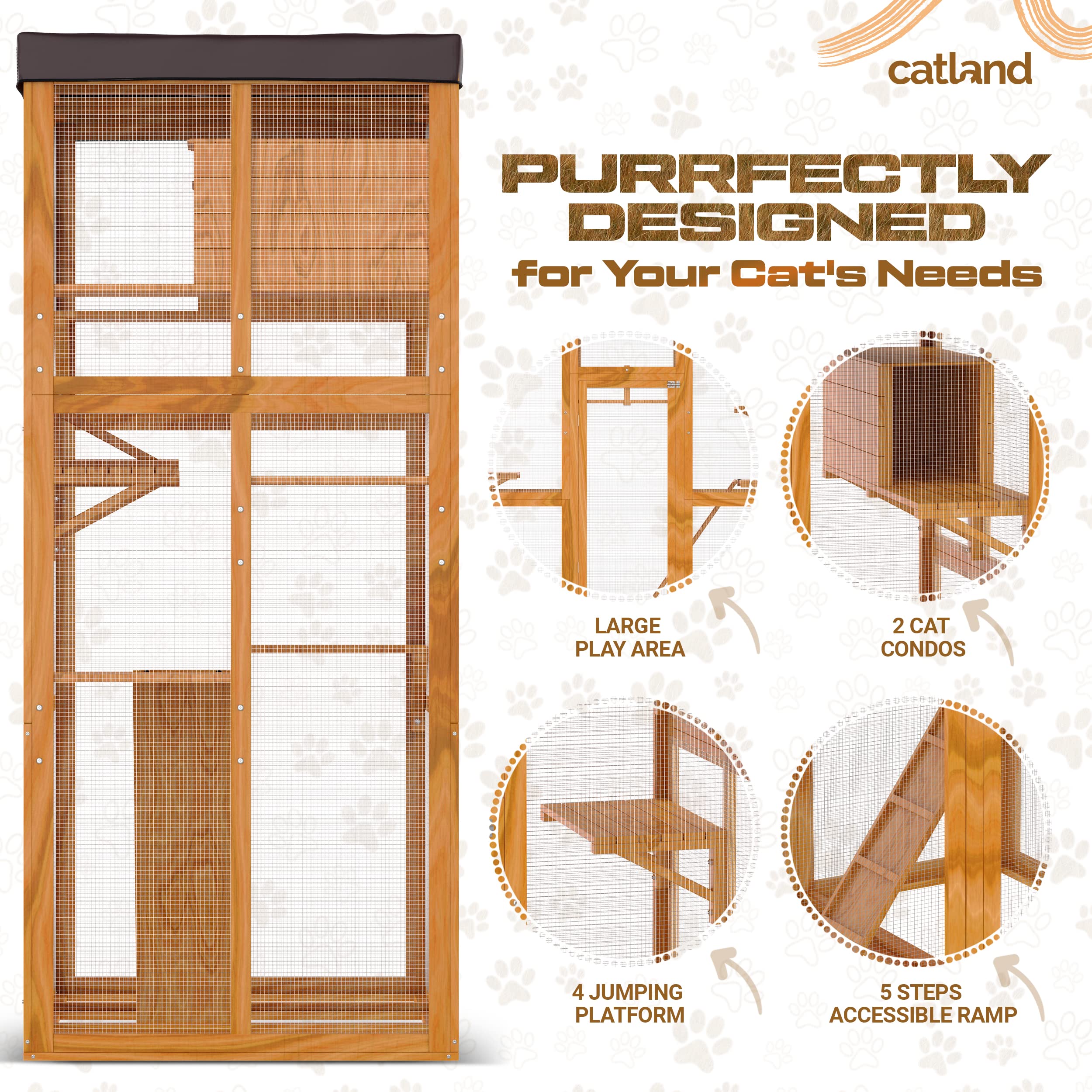 CATLAND Outdoor Cat Enclosures Large Cat Cage with Removable PVC Sun Shade Cloth Roof Wood