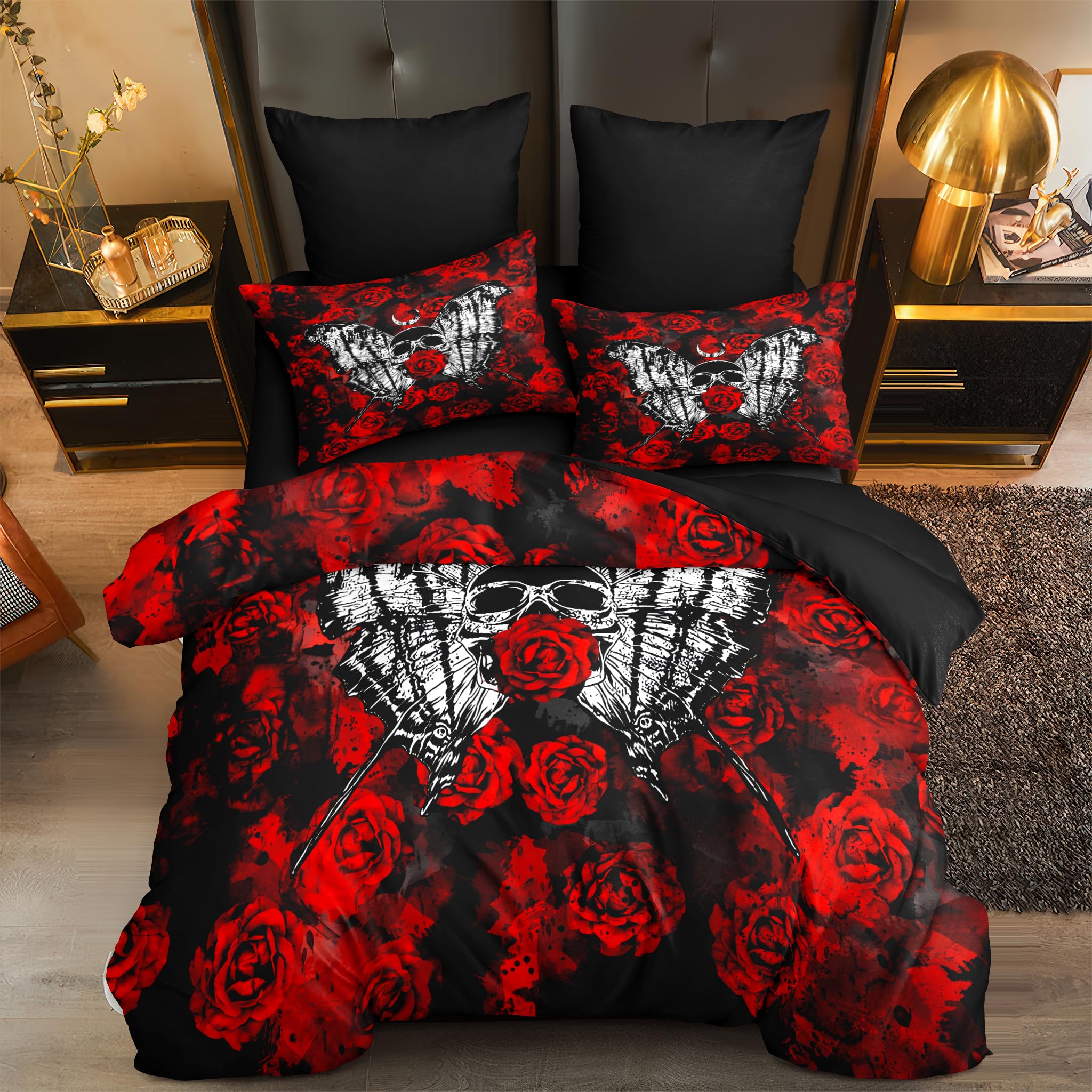 Sedefen Romantic Roses Comforter Set King Size Red Black Floral Butterfly Bedding Set Kids Boys Girls 3Pcs Gothic Moth Comforter