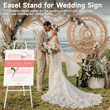 Easel Stand for Sign, Heavy Duty Metal Display Easel with Adjustable Chain, 4-Tier Height Art Easel for Painting, Wedding Sign, Posters & Commercial Display (White)