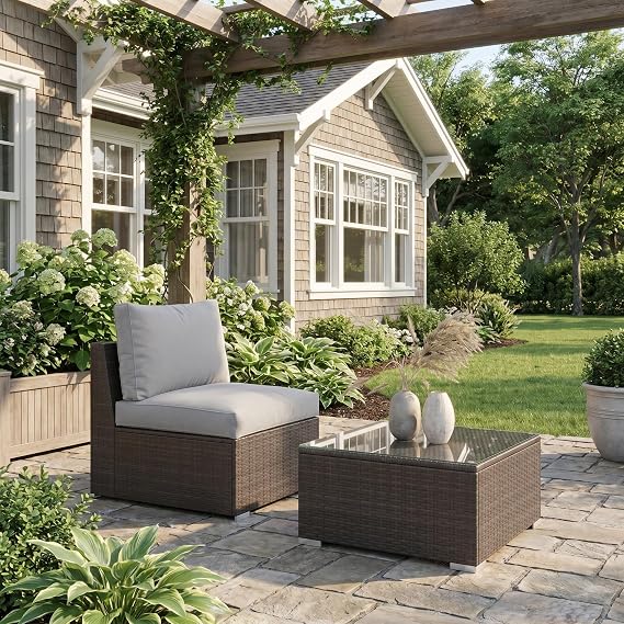 Wisteria Lane Outdoor Sofa, 2 Pieces Wicker Patio Furniture Set with Washable Cushions, Armless Patio Sectional for All-Weather, Oversized Outside Furniture for Garden, Poolside, Backyard, Grey