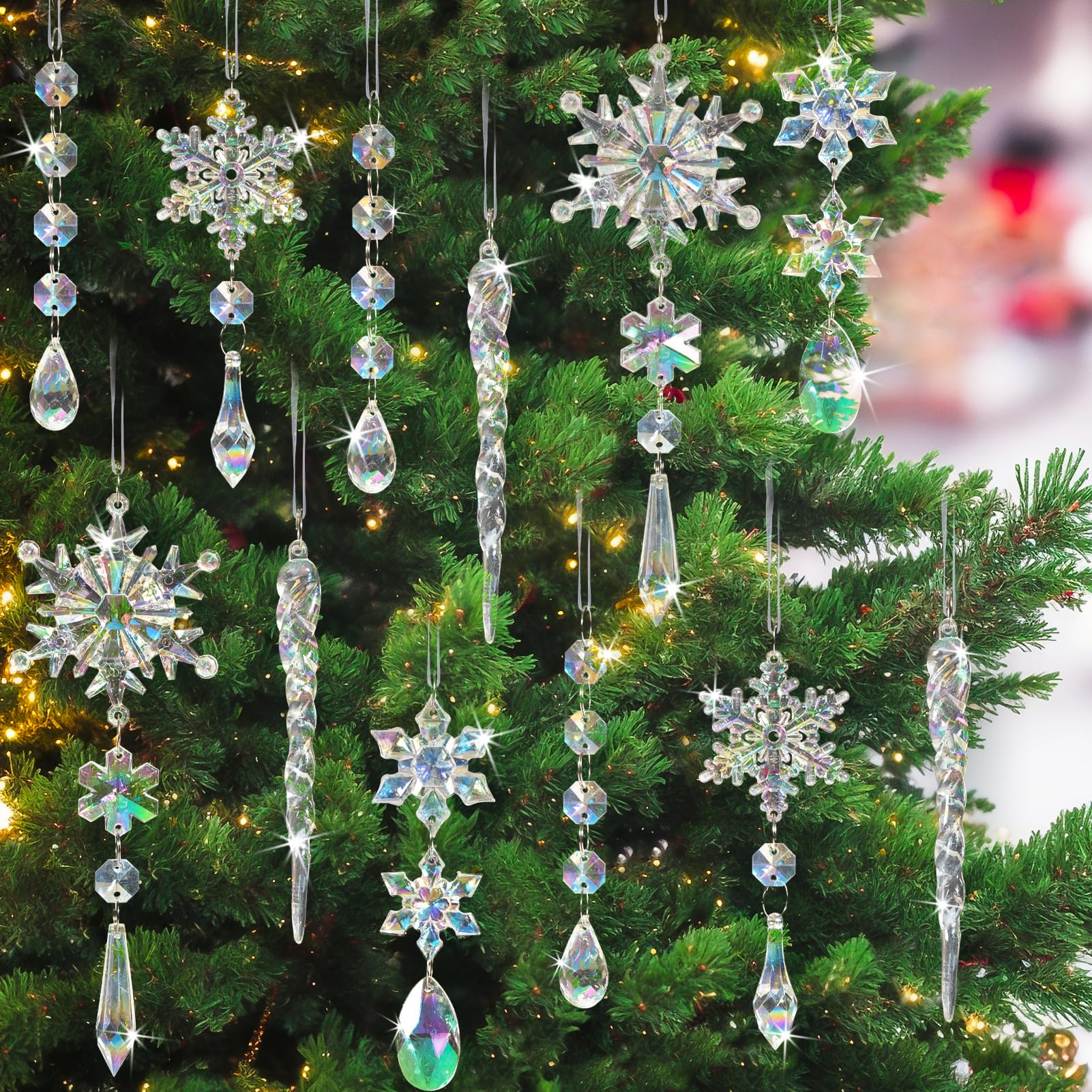 GuassLee Lot de 36 décorations de sapin de Noël en cristal – Flocon de neige irisé en acrylique en forme de goutte de glace à suspendre pour sapin de Noël, décoration de fête d'anniversaire sur le