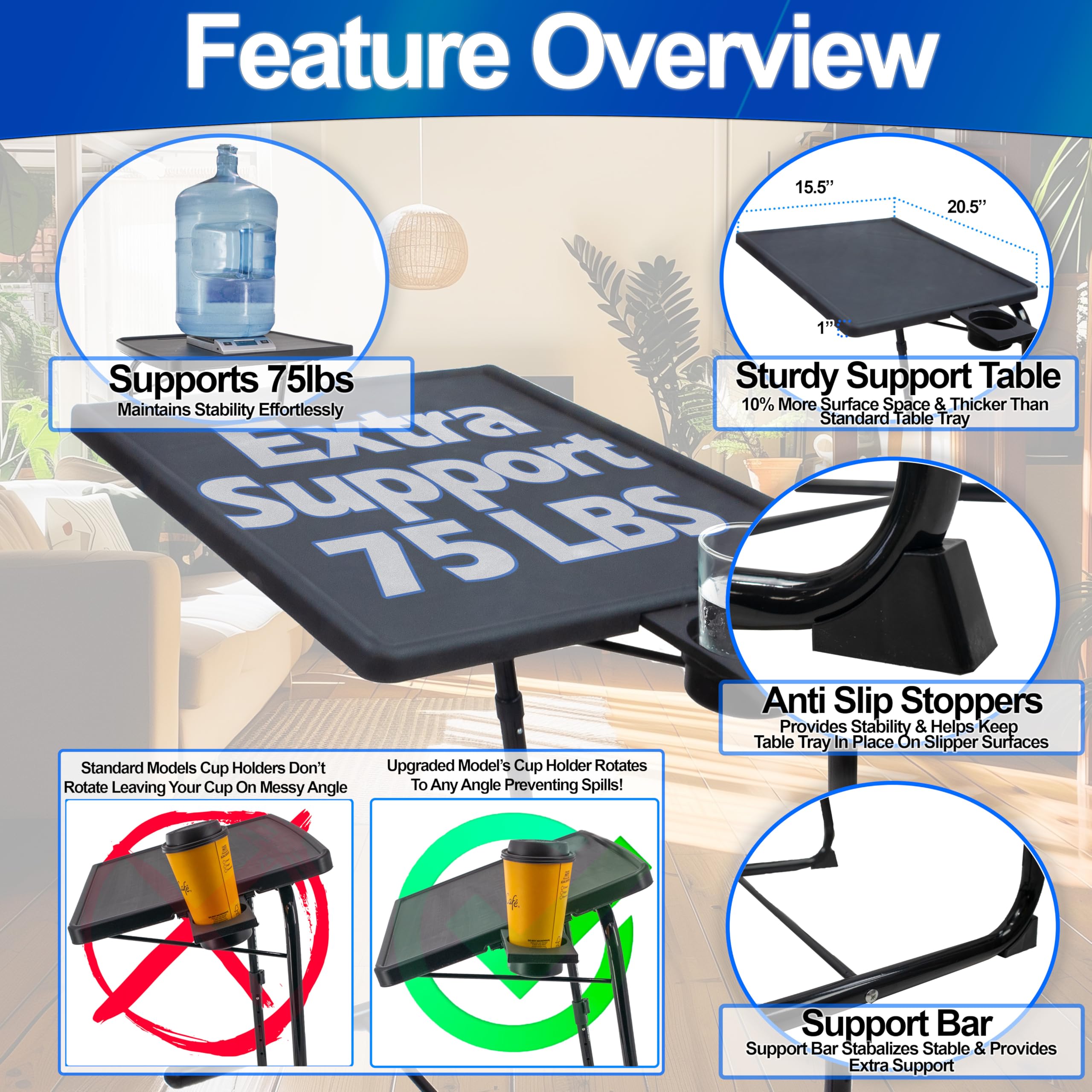 Portable Foldable TV Tray Table Deluxe - Laptop, Eating, Drawing Tray Table Stand with Adjustable Tray with Sliding Adjustable Cup Holder (Black)