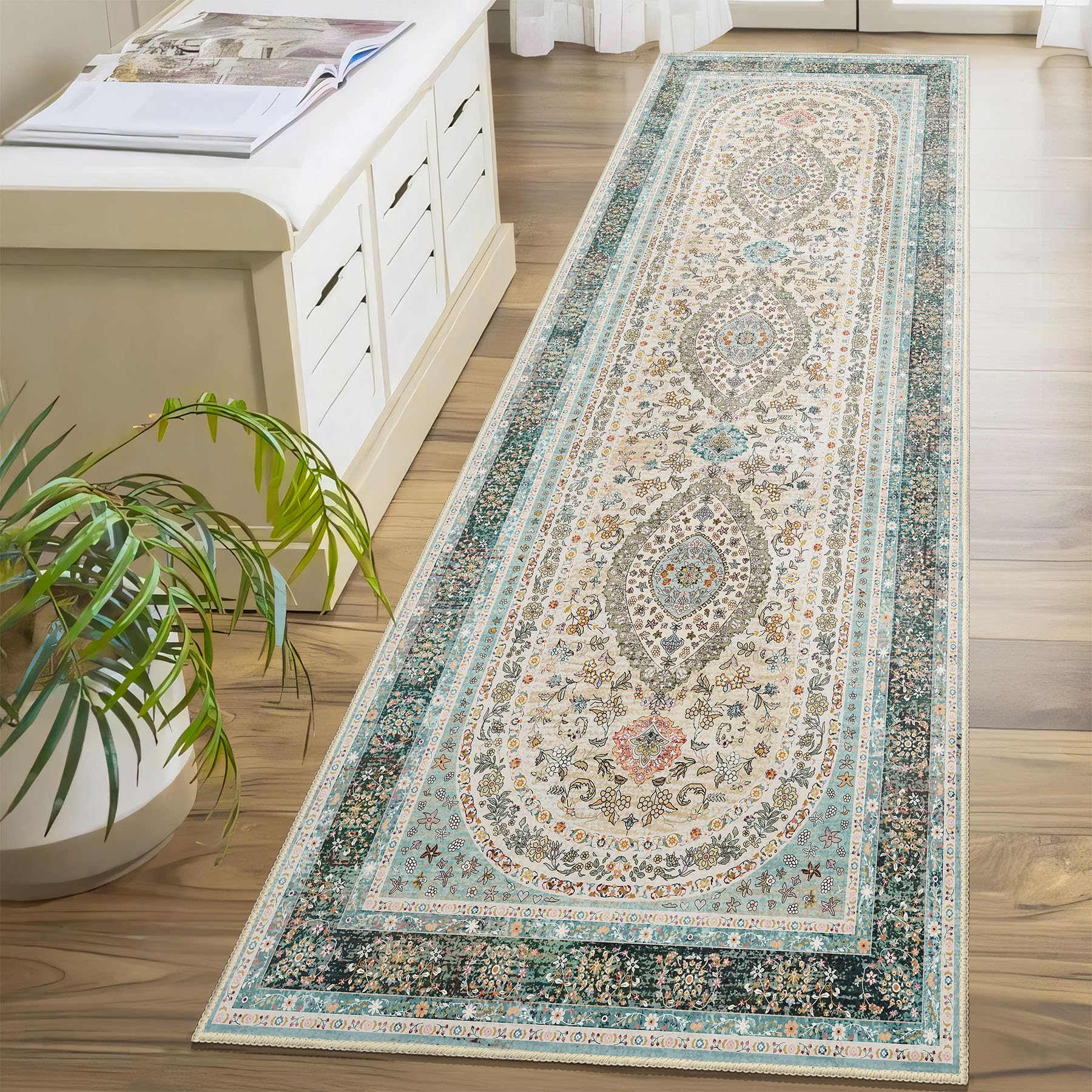 Castage Washable Runner Rug 2x8,Blue Rug Runners Non Slip,Long Boho Rugs for Hallways Kitchen Bedroom Entryway Living Room Bathroom,Vintage Bohemian