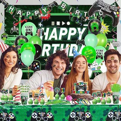 Miniatura 7 de 254 piezas de suministros de fiesta de cumpleaños de videojuegos verdes, decoraciones temáticas de videojuegos para servir a 10 invitados, incluye