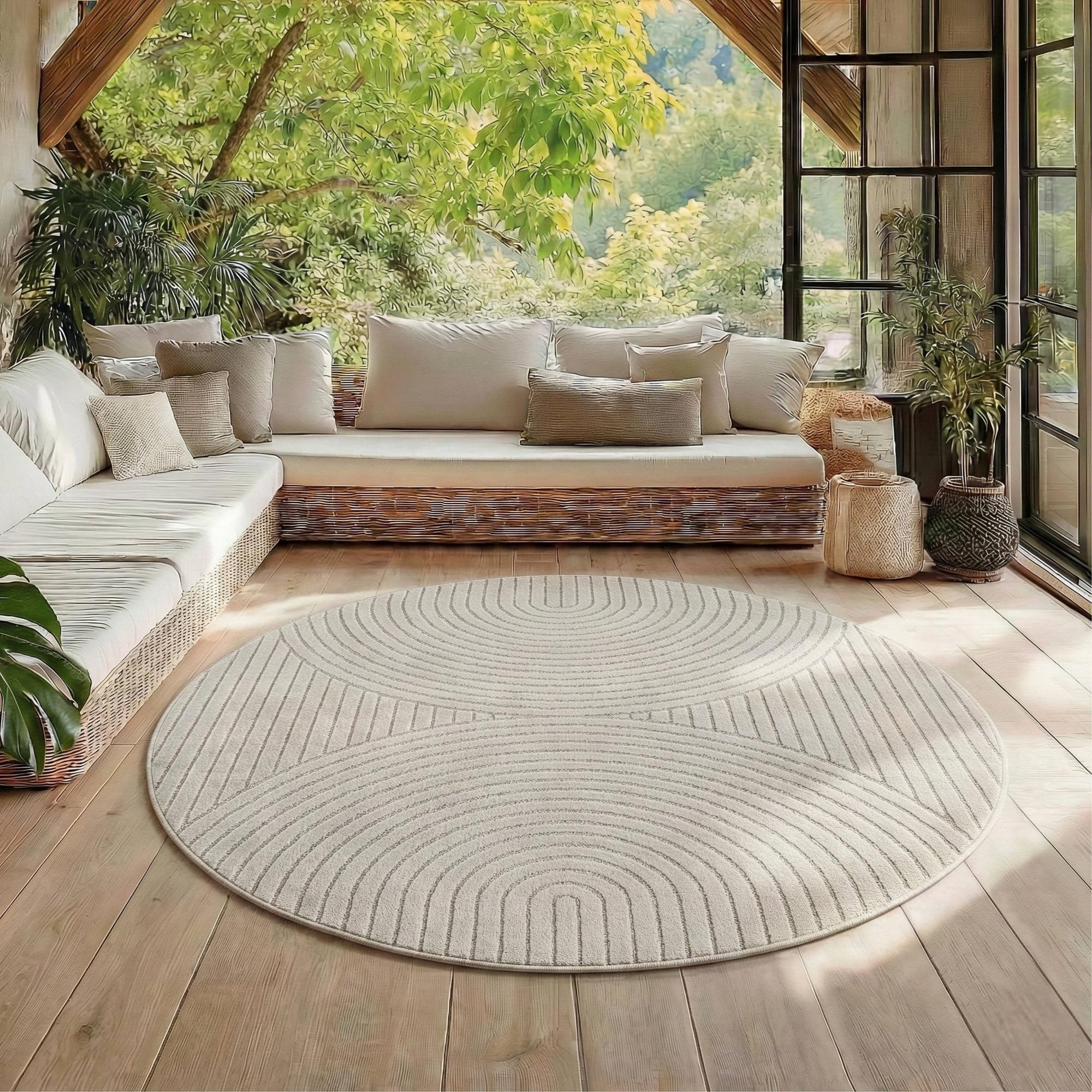 HomebyHome Kurzflor Teppich Wohnzimmer Schlafzimmer 3D Hoch-Tief-Effekt, Skandinavisch Boho Motiv, für Outdoor Bereich geeignet Terrassen oder im Balkon