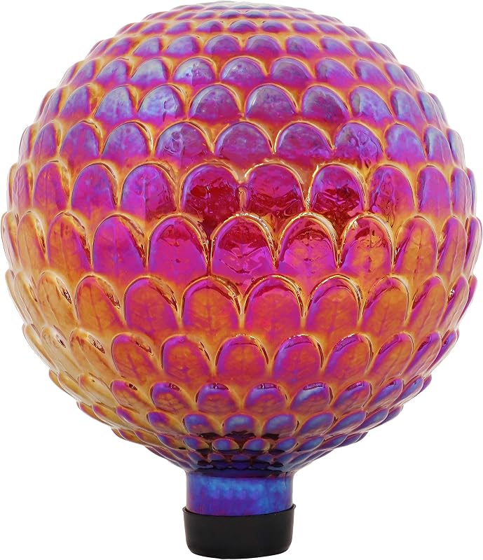Sunnydaze 10" Gazing Ball for Garden, Red Scalloped Texture | Decorative Gazing Globe for Outside, Garden Ball with Iridescent Scalloped Texture, Rubber Capped Stem, Fits Most Stands