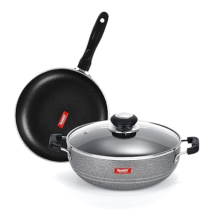 SUMEET Aluminium NonStick Prata Cookware Set (Silver, Kadhai with Glass Lid -2Ltr - 22 Cm Diameter, Frypan - 1.5Ltr - 22Cm Dia)