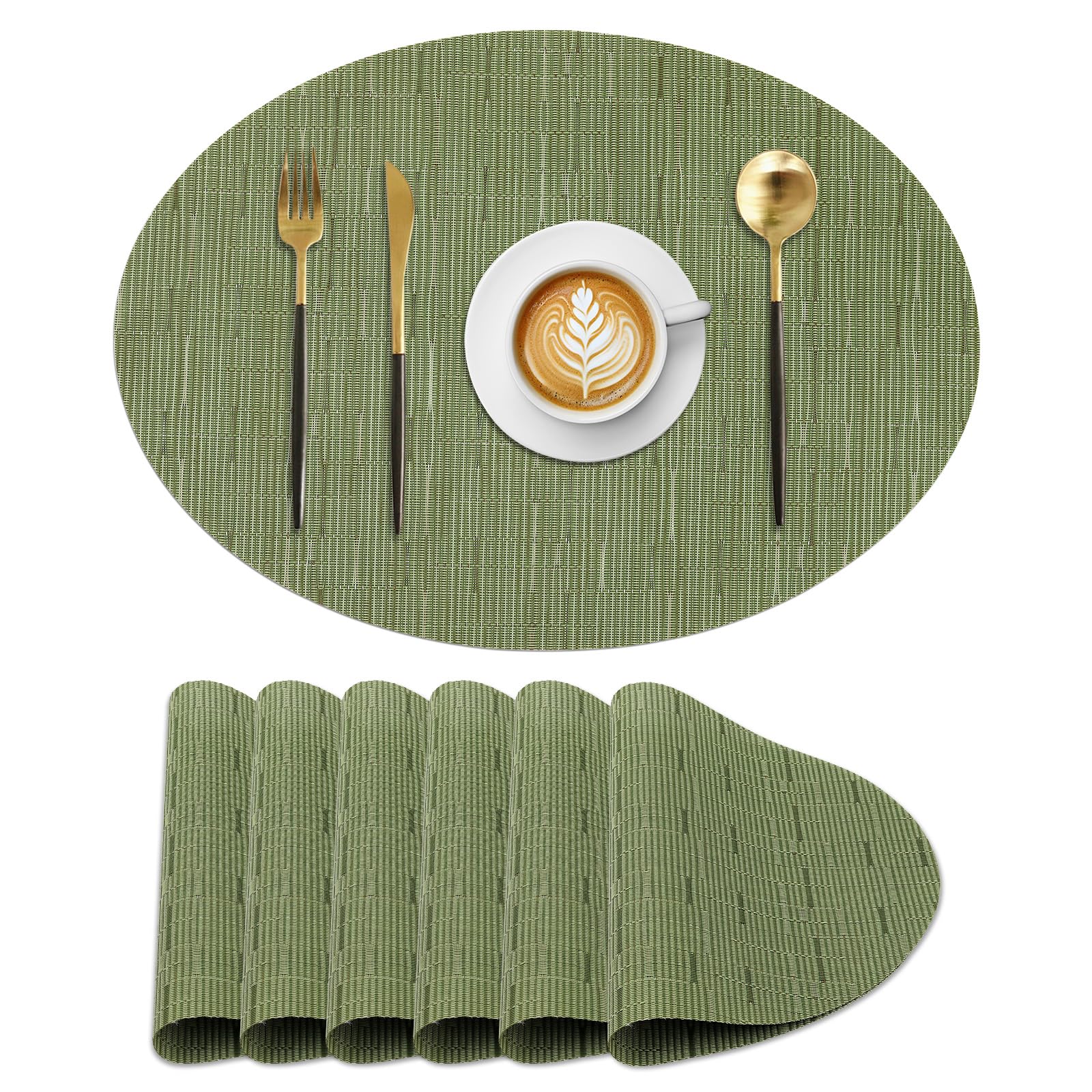 Komforbaa PVC Vinyl Oval Placemats Set of 6,Non-Slip,Oil-Resistant Washable Mats for Dining Table, Kitchen,Outdoor-Table Protection,Green