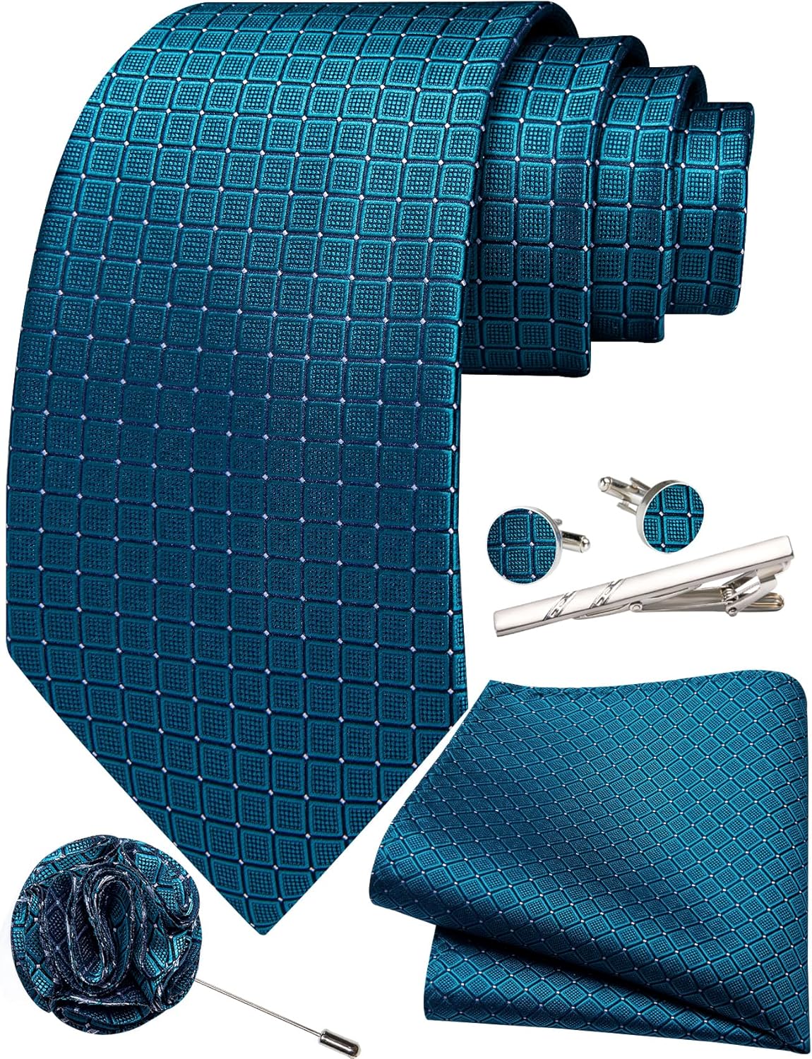 Solid Plaid Checkered Tie Set for Men Silk Necktie Pocket Square Handkerchief Cufflinks Lapel Pin Tie Clip 5PCS - Image 2