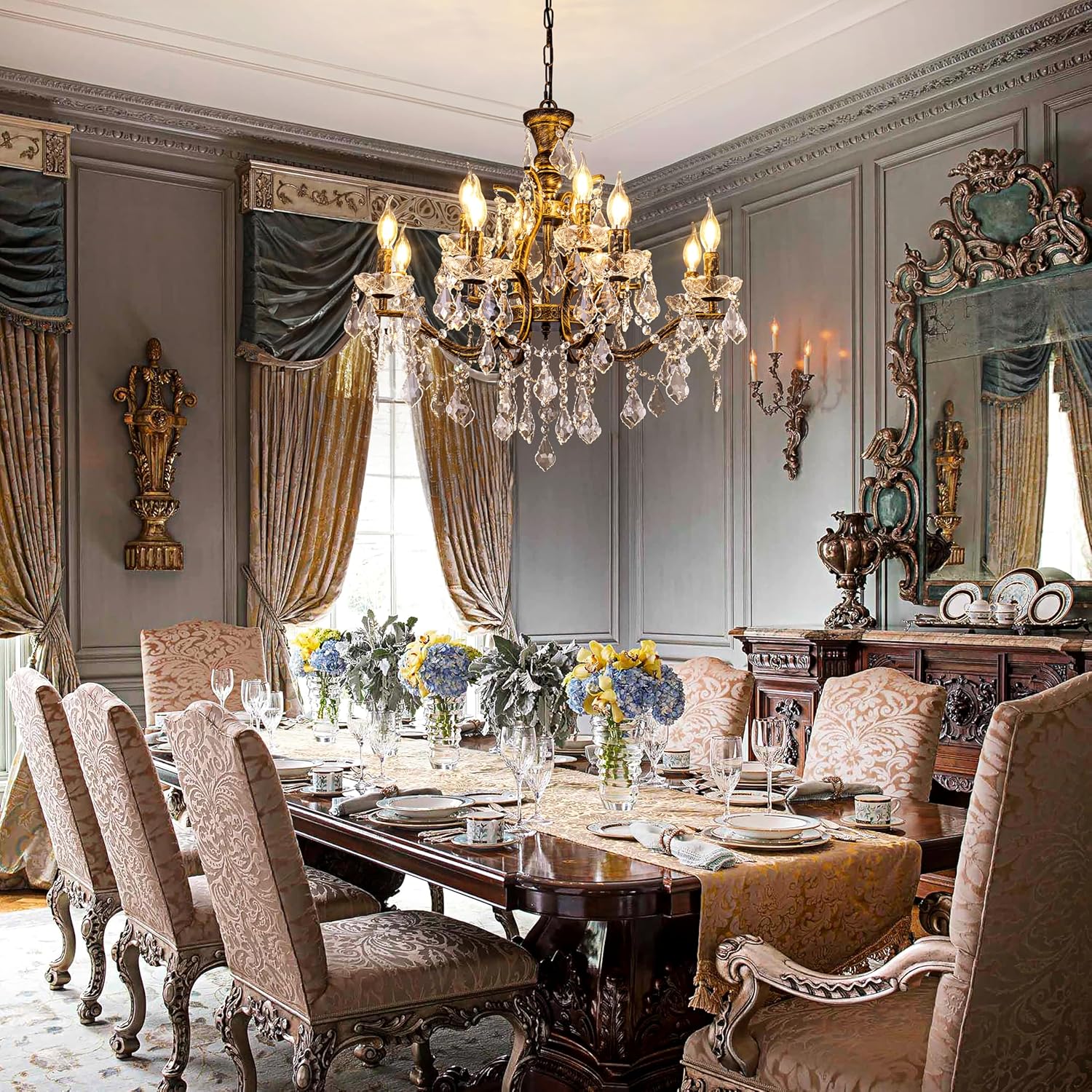 TOCHIC Vintage Chandelier for Living Room, 12 Lights Crystal Chandelier for Dining Room, 27.6" D Antique Bronze French Chandeliers Candle High Ceiling Pendant Light for Bedroom Kitchen Foyer Entryway
