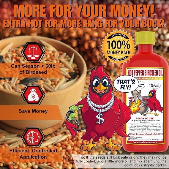 CreatureCopsTM Spicy Squirrel Seed Sauce | All-Natural & Squirrel-Resistant Hot Pepper Bird Seed Oil | Flaming Hot Sauce Hotter Than Pre-Spiced Birdseed | Seasons >60lb per 16oz Bottle