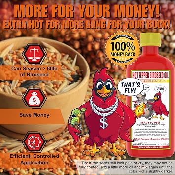 CreatureCopsTM Spicy Squirrel Seed Sauce | All-Natural & Squirrel-Resistant Hot Pepper Bird Seed Oil | Flaming Hot Sauce Hotter Than Pre-Spiced Birdseed | Seasons >60lb per 16oz Bottle