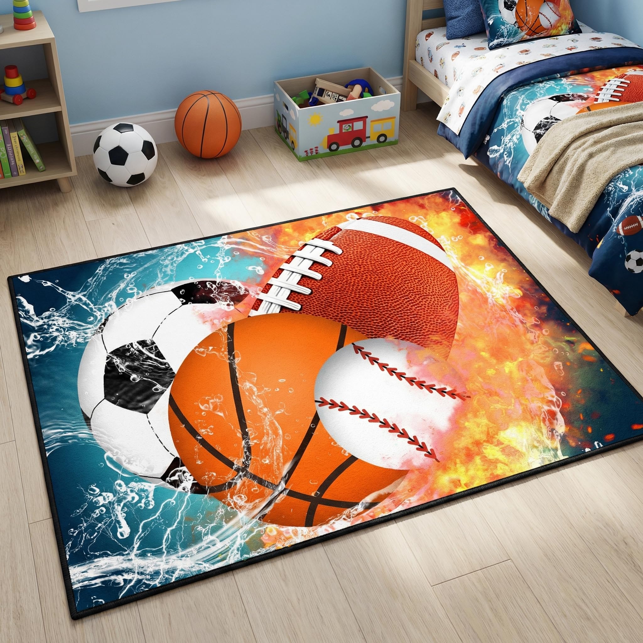 Basketball Rug for Boys Bedroom 3'x5' Kids Football Carpet Water Fire Sports Rugs for Boys Bedroom Baseball, Soccer Rug for Playroom Living Room Decor