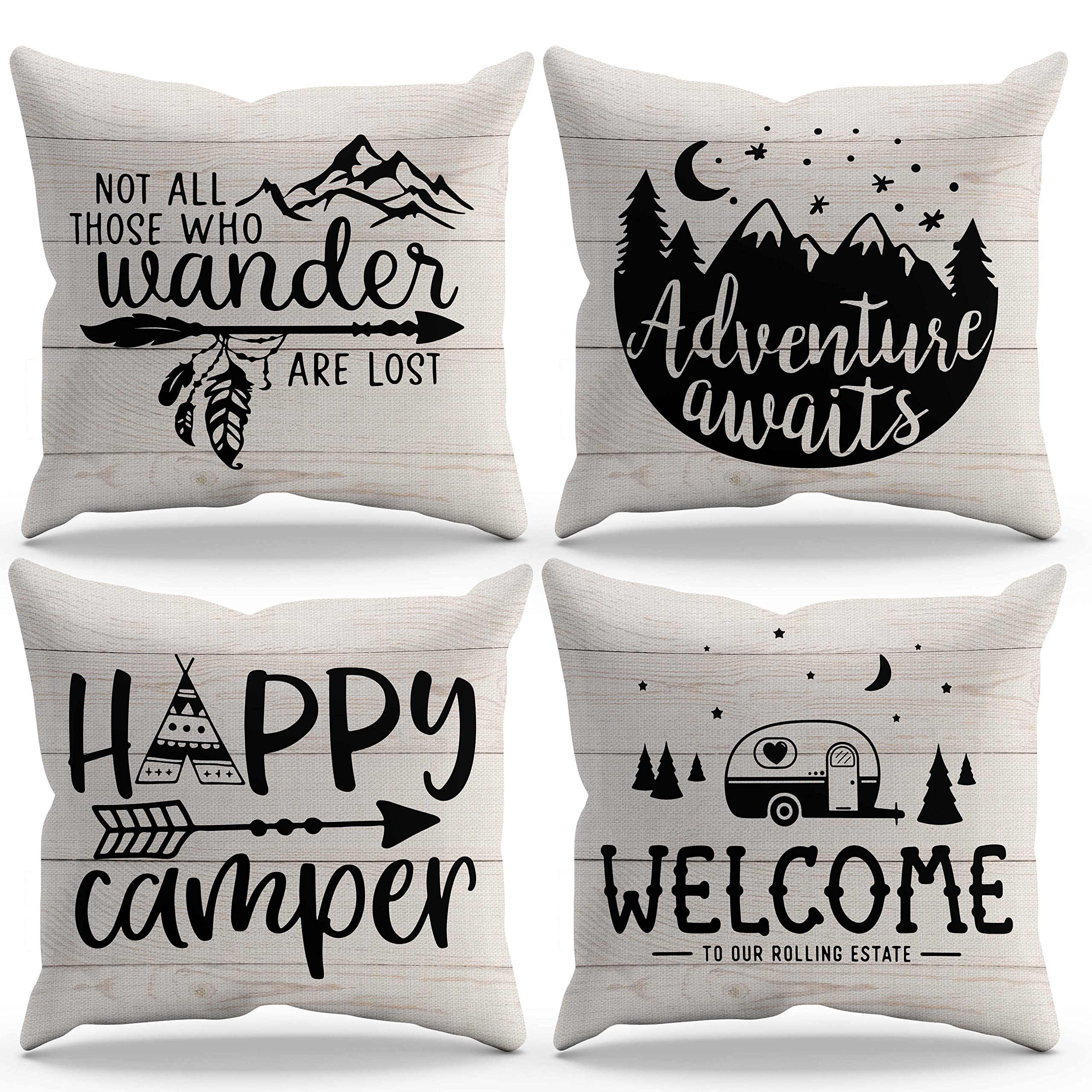 Happy Camper Vintage Wood Throw Pillow Cover Pillowcase Camp