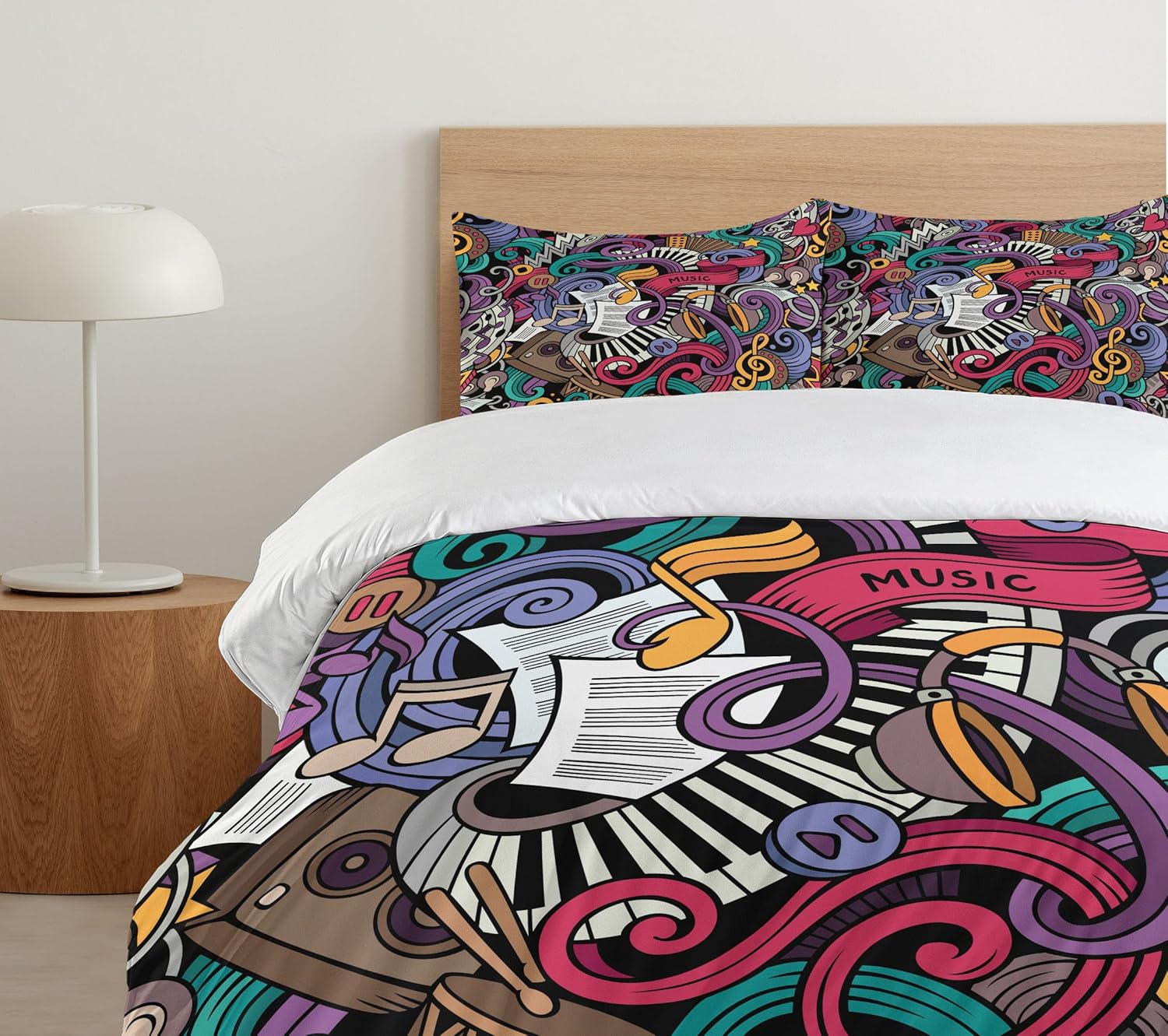 Ambesonne Hipster Duvet Cover Set, Music Themed Hand Drawn Abstract Instruments Microphone Drums Keyboard Stradivarius, Decorative 2 Piece Bedding Set with 1 Pillow Sham, Twin Size, Coral Purple Twin Coral Purple