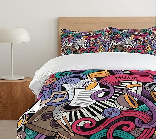 Miniatura 5 de Ambesonne Juego de funda de edredón hipster, diseño musical dibujado a mano, instrumentos abstractos con micrófono, tambores y teclado,
